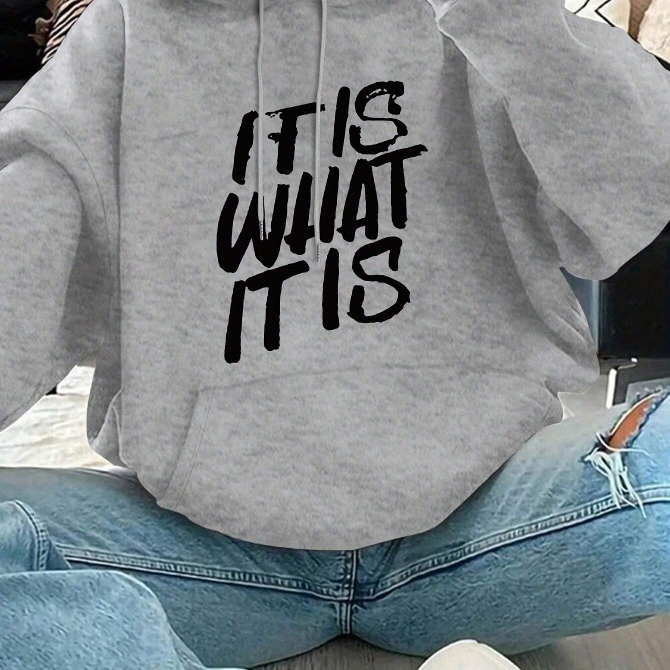 Casual Polyester Hoodies for Women with "IT IS WHAT IT IS" Letter Print - Knit Fabric Hooded Sweatshirt for Fall/Winter with Drawstring and Front Pocket