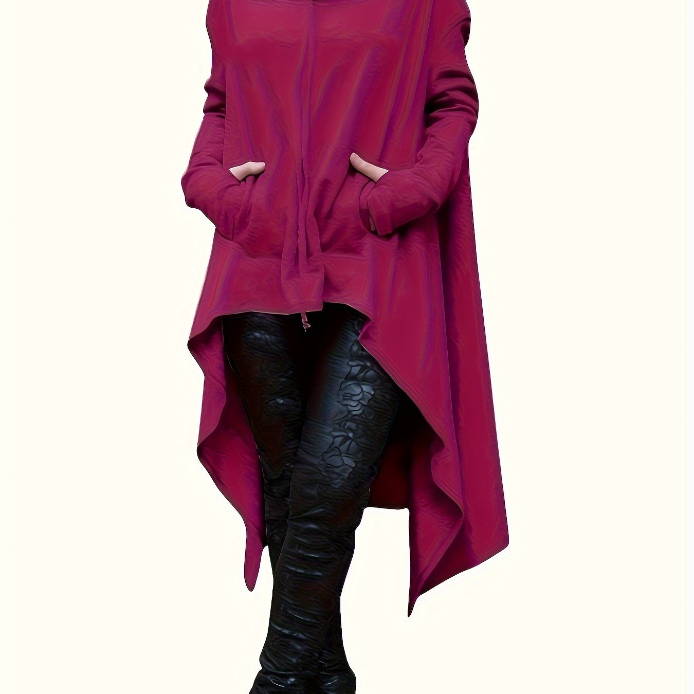 High Low Hem With Pocket Asymmetrical Hoodie, Y2K Long Sleeve Loose Hoodies Sweatshirt, Women's Clothing