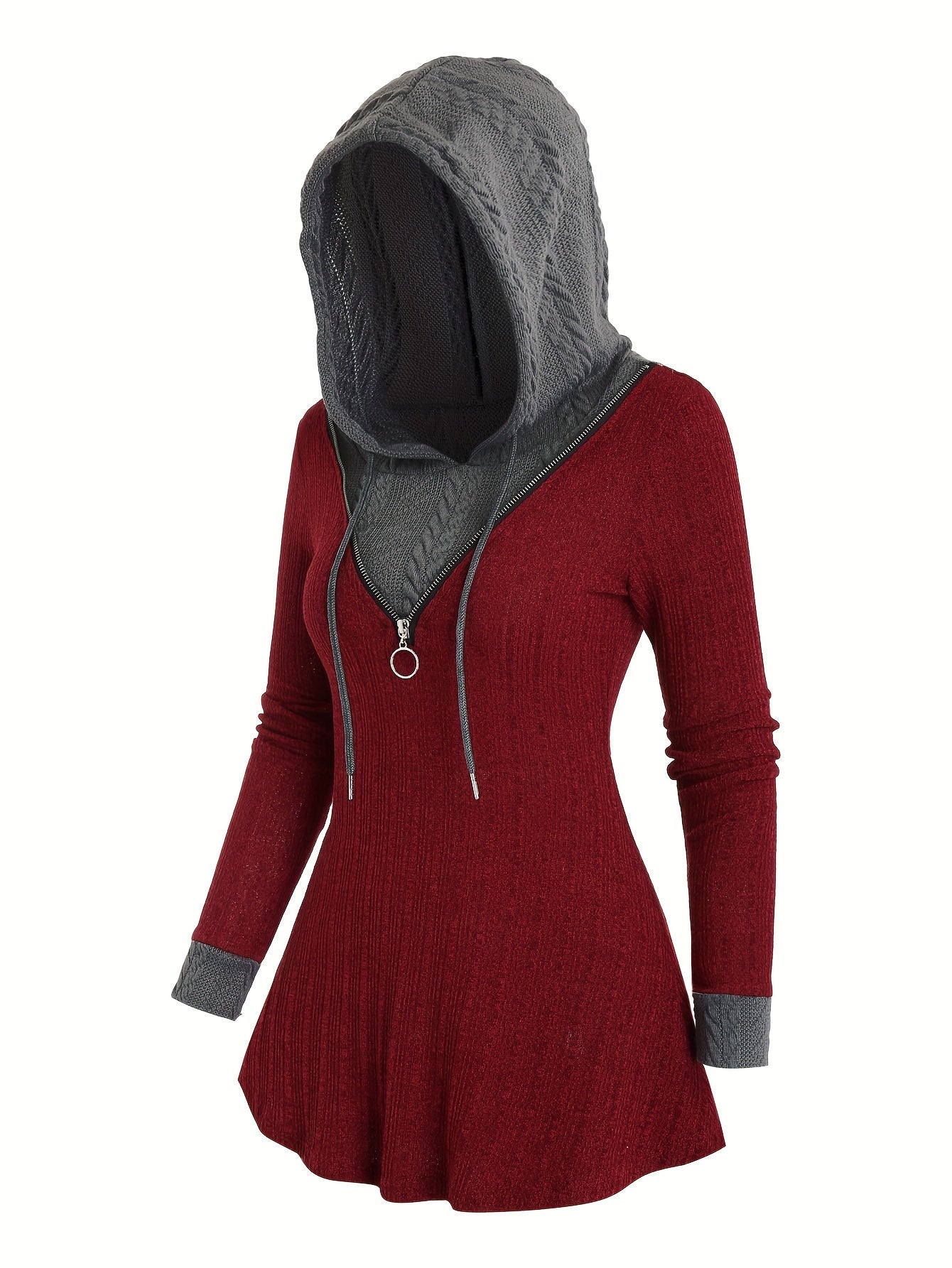 Color Block Zipper Hoodie, Casual Long Sleeve Drawstring Hoodies Sweatshirt, Women's Clothing