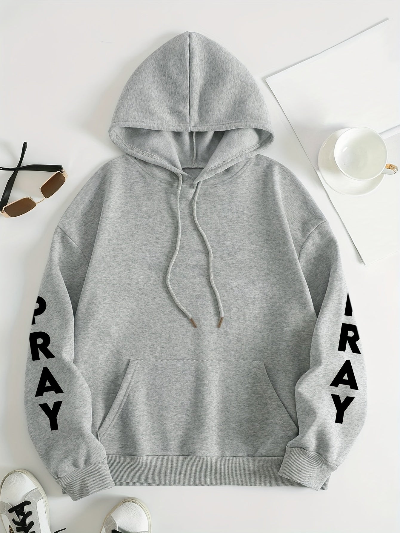 Plus Size PRAY Print Kangaroo Pocket Hoodie, Casual Long Sleeve Drawstring Hoodies Sweatshirt For Spring & Fall, Women's Plus Size Clothing