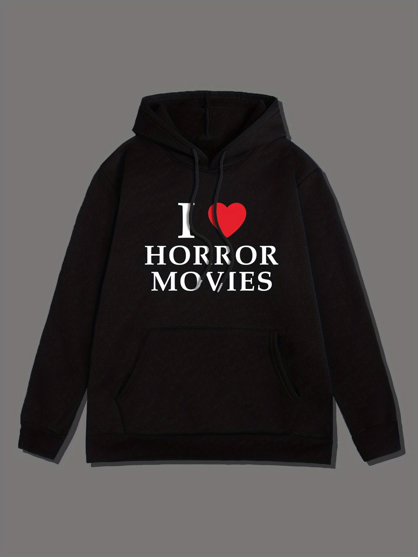 I LOVE HORROR MOVIES Print Hoodie, Cool Hoodies For Men, Men's Casual Pullover Hooded Sweatshirt With Kangaroo Pocket Streetwear For Winter Fall, As Gifts
