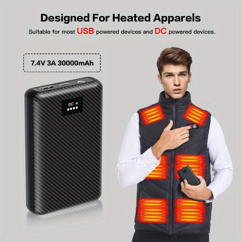 30000mAh Power Bank 5V/7.4V Heated Vest Battery Pack with Three High Speed Output Ports for Heated Jackets, Hoodies, Pants & Seat Cushion Covers