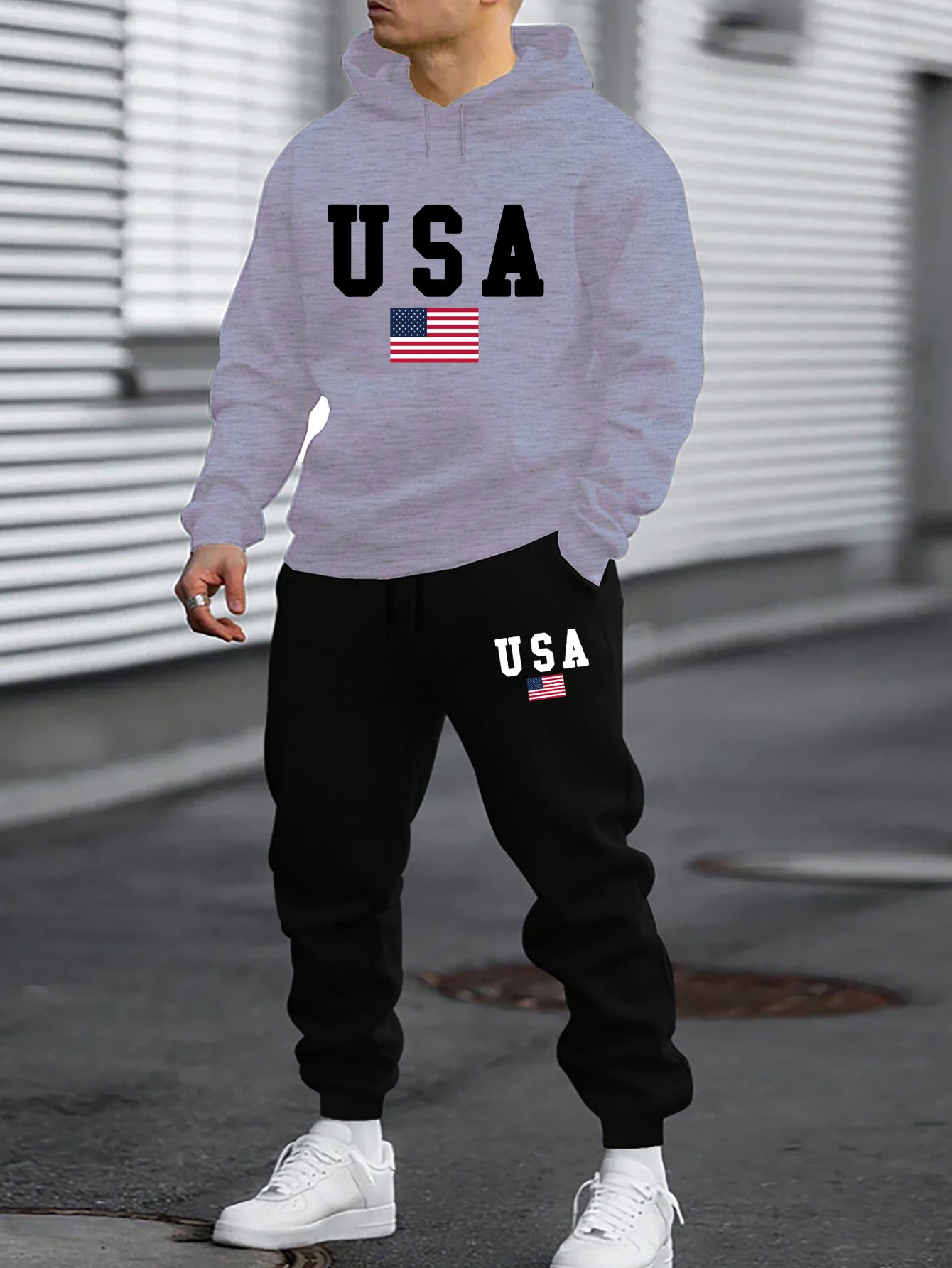 2pcs American Flag Print Men's Comfy Sports Set - Long Sleeve Hoodies with Kangaroo Pocket & Drawstring Sweatpants with Pockets - Casual, Trendy, Outdoor, and Soft Men's Clothing