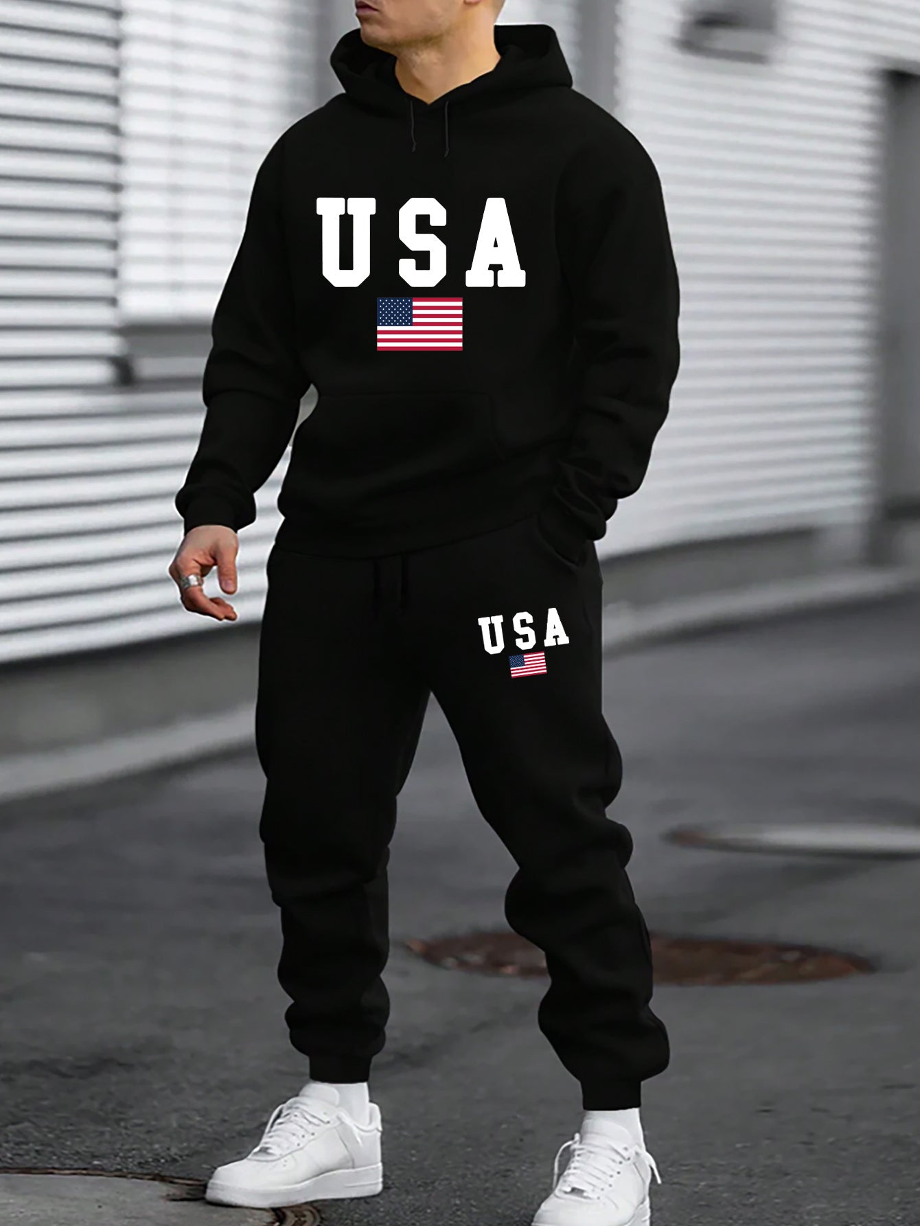 2pcs American Flag Print Men's Comfy Sports Set - Long Sleeve Hoodies with Kangaroo Pocket & Drawstring Sweatpants with Pockets - Casual, Trendy, Outdoor, and Soft Men's Clothing