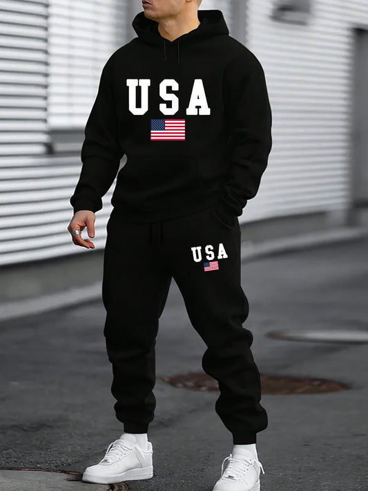 2pcs American Flag Print Men's Comfy Sports Set - Long Sleeve Hoodies with Kangaroo Pocket & Drawstring Sweatpants with Pockets - Casual, Trendy, Outdoor, and Soft Men's Clothing