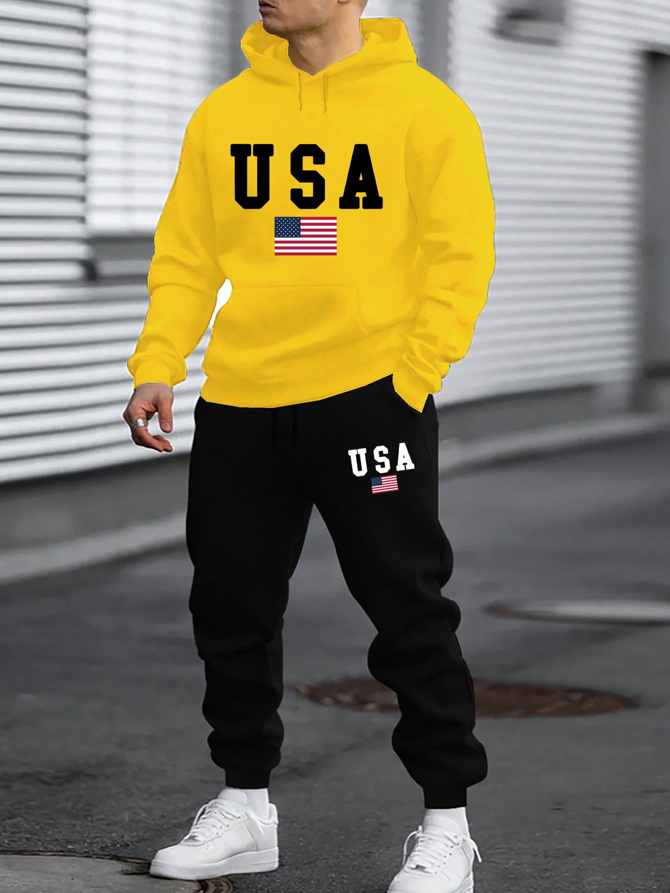 2pcs American Flag Print Men's Comfy Sports Set - Long Sleeve Hoodies with Kangaroo Pocket & Drawstring Sweatpants with Pockets - Casual, Trendy, Outdoor, and Soft Men's Clothing