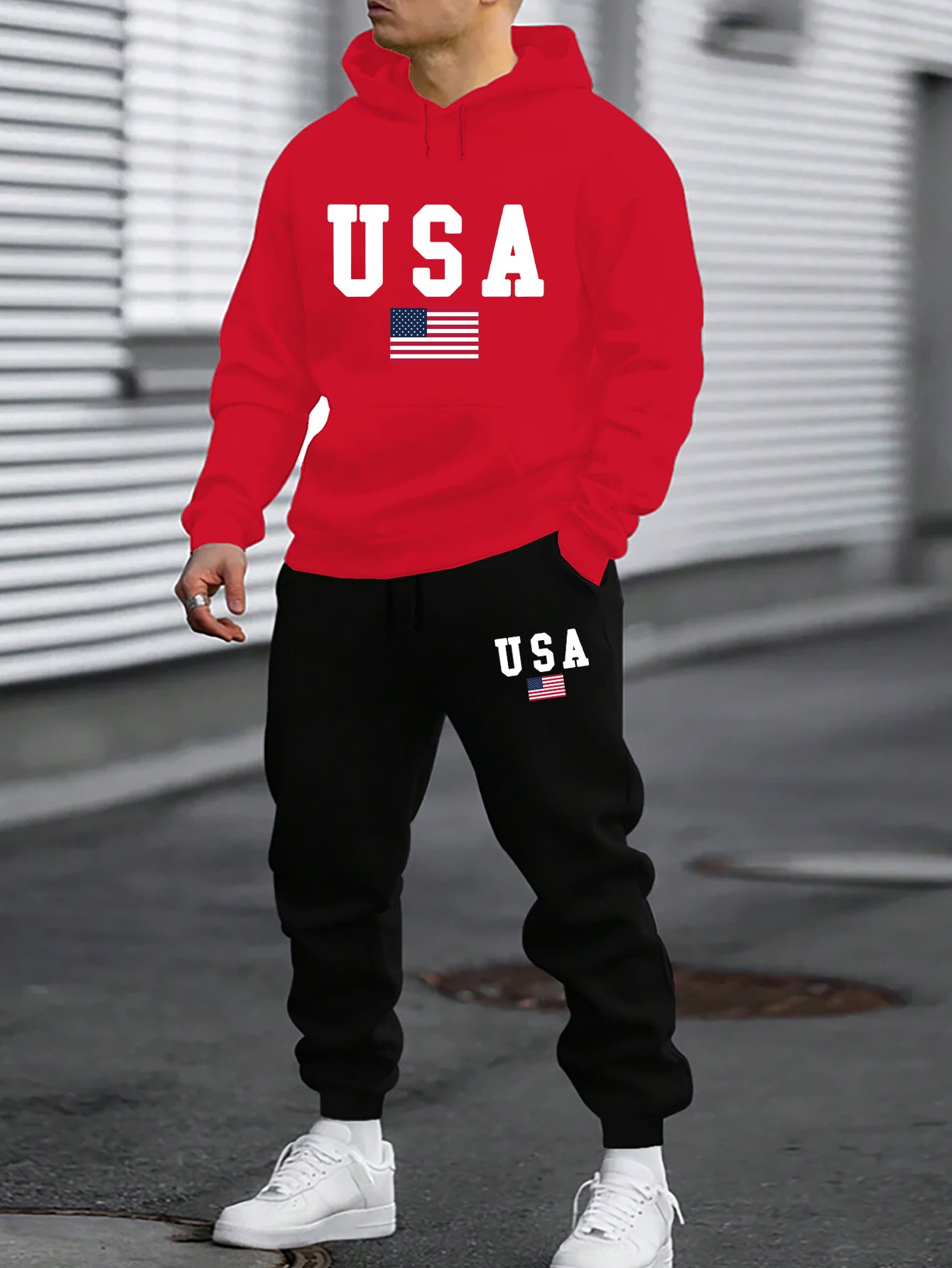 2pcs American Flag Print Men's Comfy Sports Set - Long Sleeve Hoodies with Kangaroo Pocket & Drawstring Sweatpants with Pockets - Casual, Trendy, Outdoor, and Soft Men's Clothing
