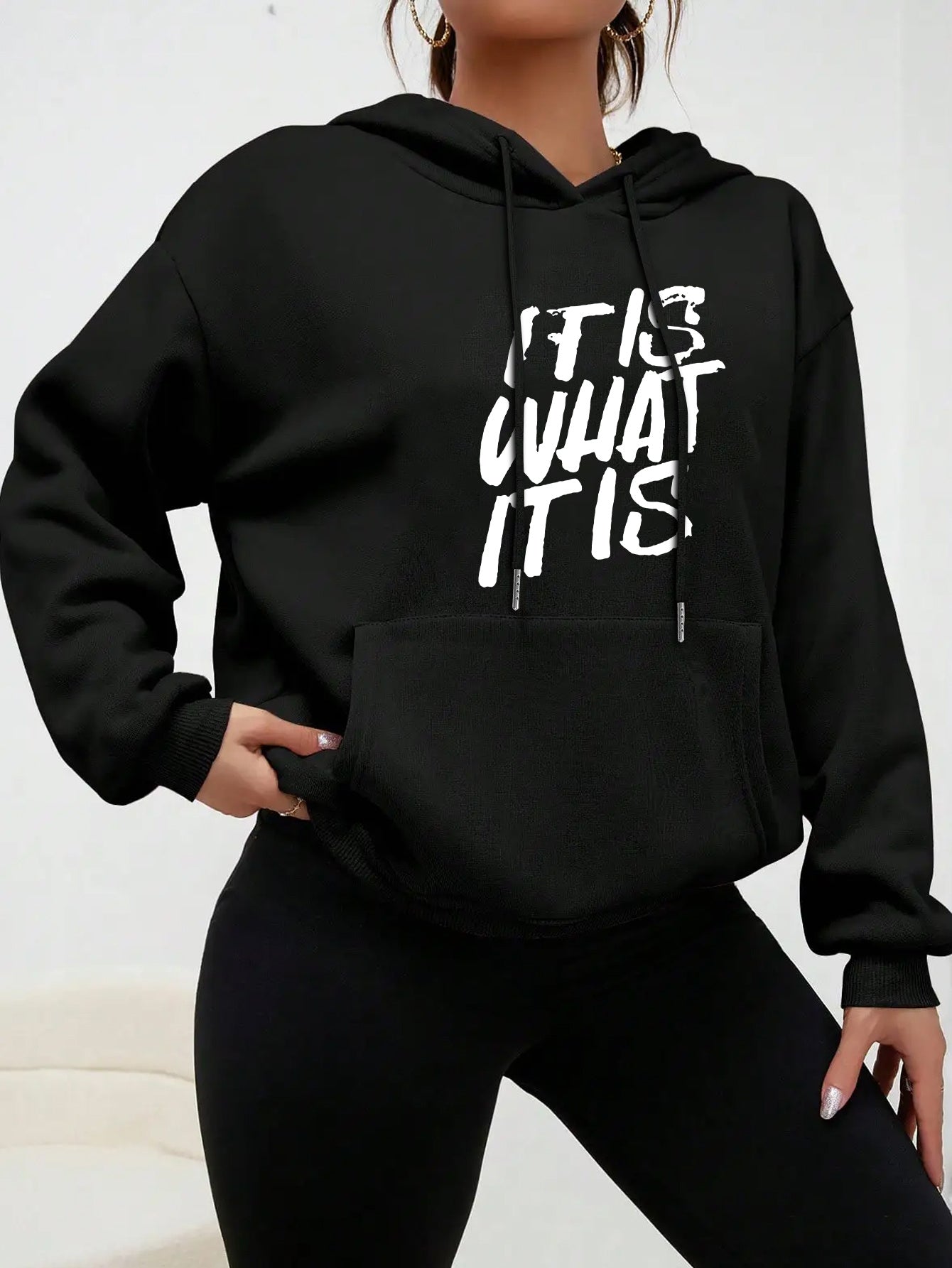 Casual Polyester Hoodies for Women with "IT IS WHAT IT IS" Letter Print - Knit Fabric Hooded Sweatshirt for Fall/Winter with Drawstring and Front Pocket