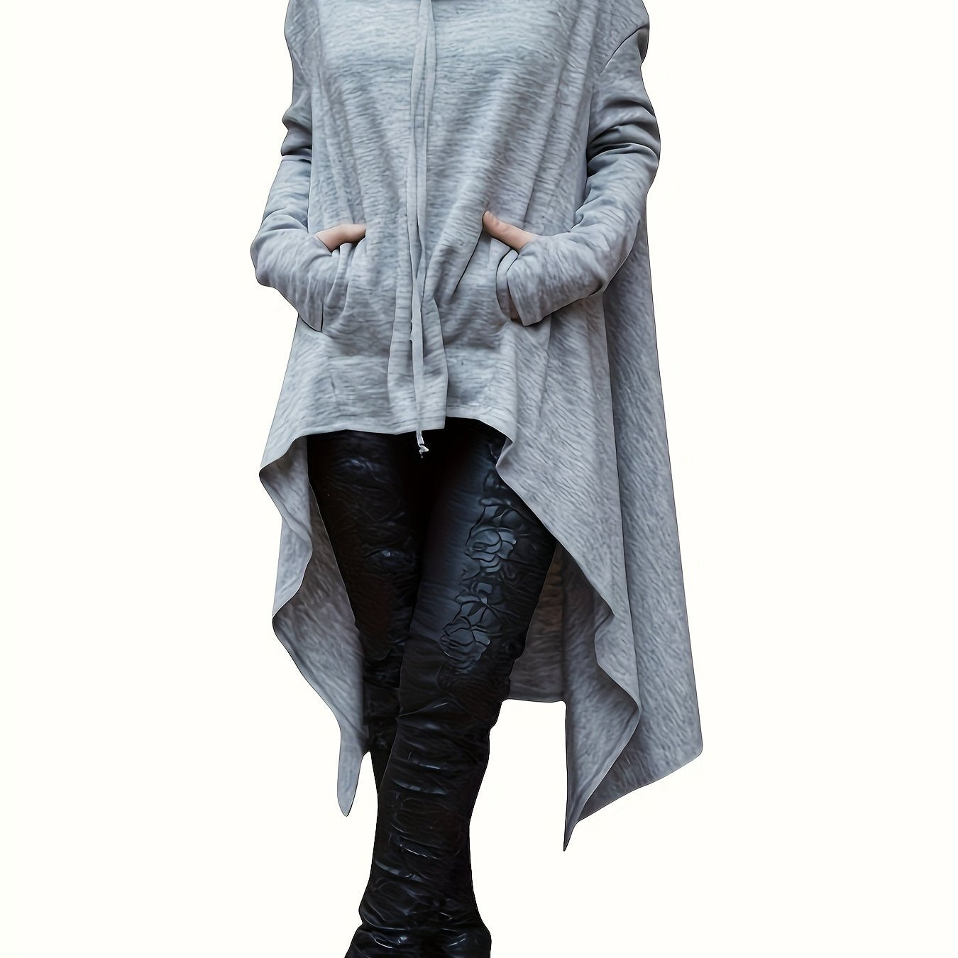 High Low Hem With Pocket Asymmetrical Hoodie, Y2K Long Sleeve Loose Hoodies Sweatshirt, Women's Clothing