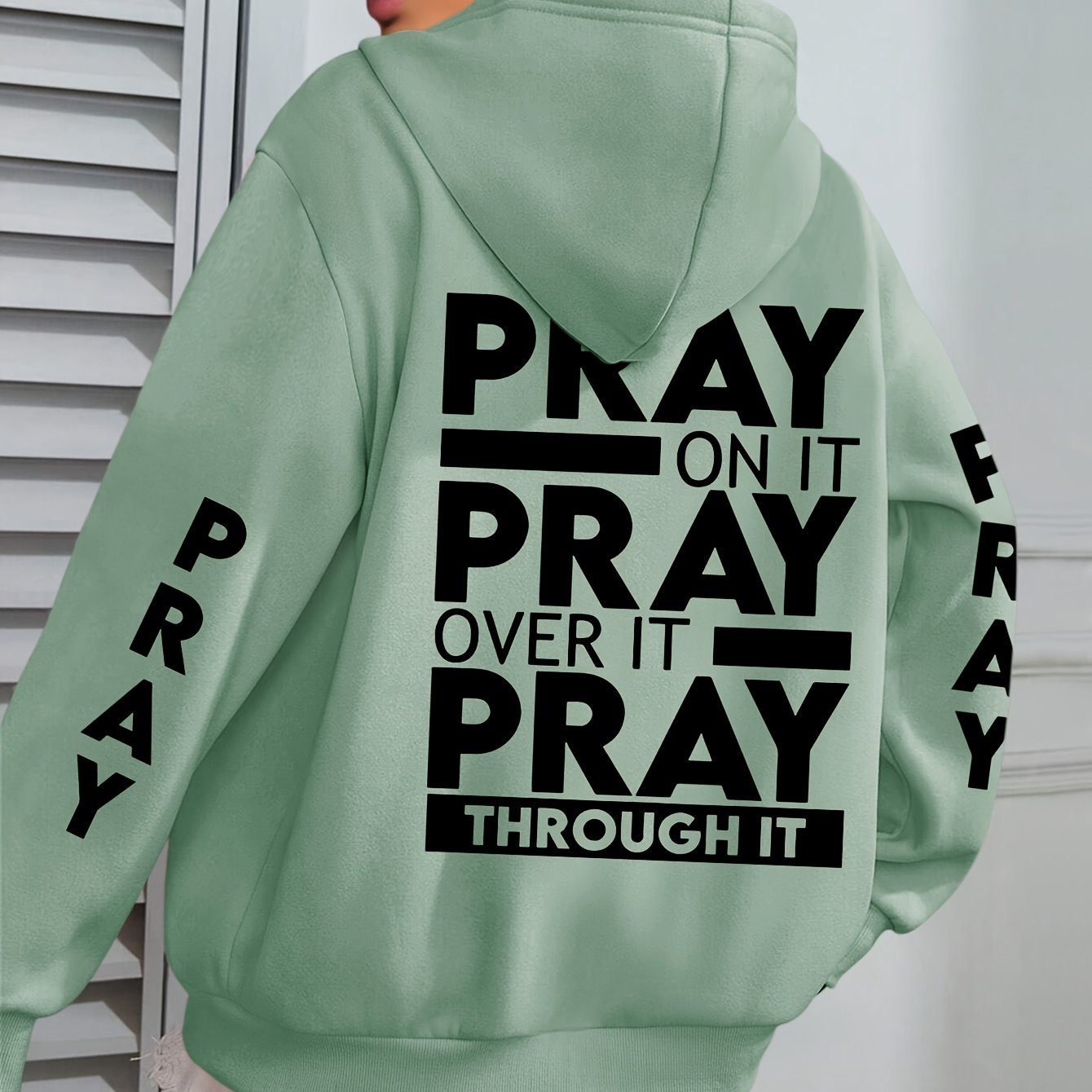 Plus Size PRAY Print Kangaroo Pocket Hoodie, Casual Long Sleeve Drawstring Hoodies Sweatshirt For Spring & Fall, Women's Plus Size Clothing