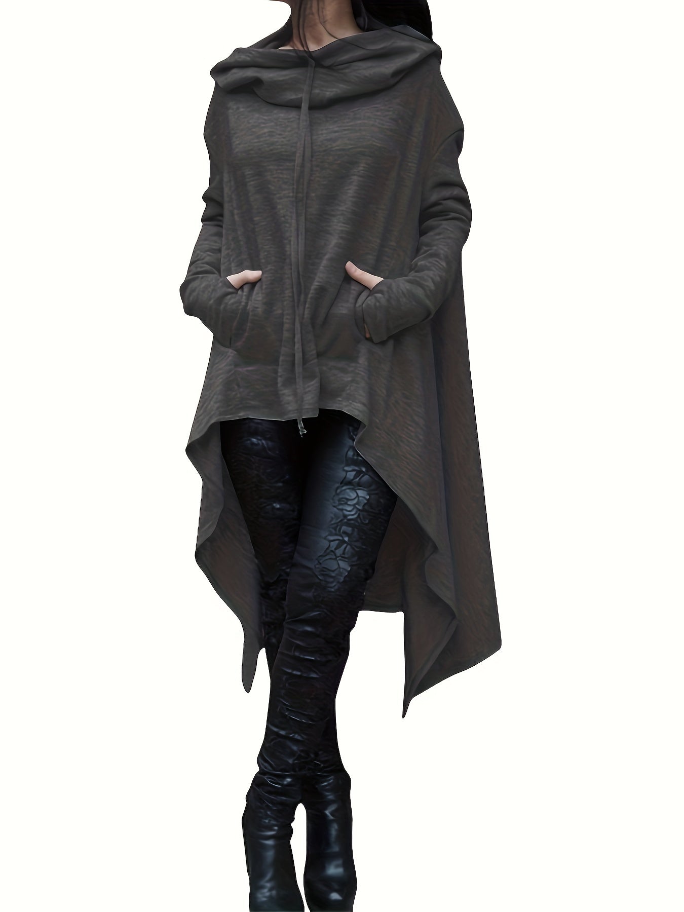 High Low Hem With Pocket Asymmetrical Hoodie, Y2K Long Sleeve Loose Hoodies Sweatshirt, Women's Clothing
