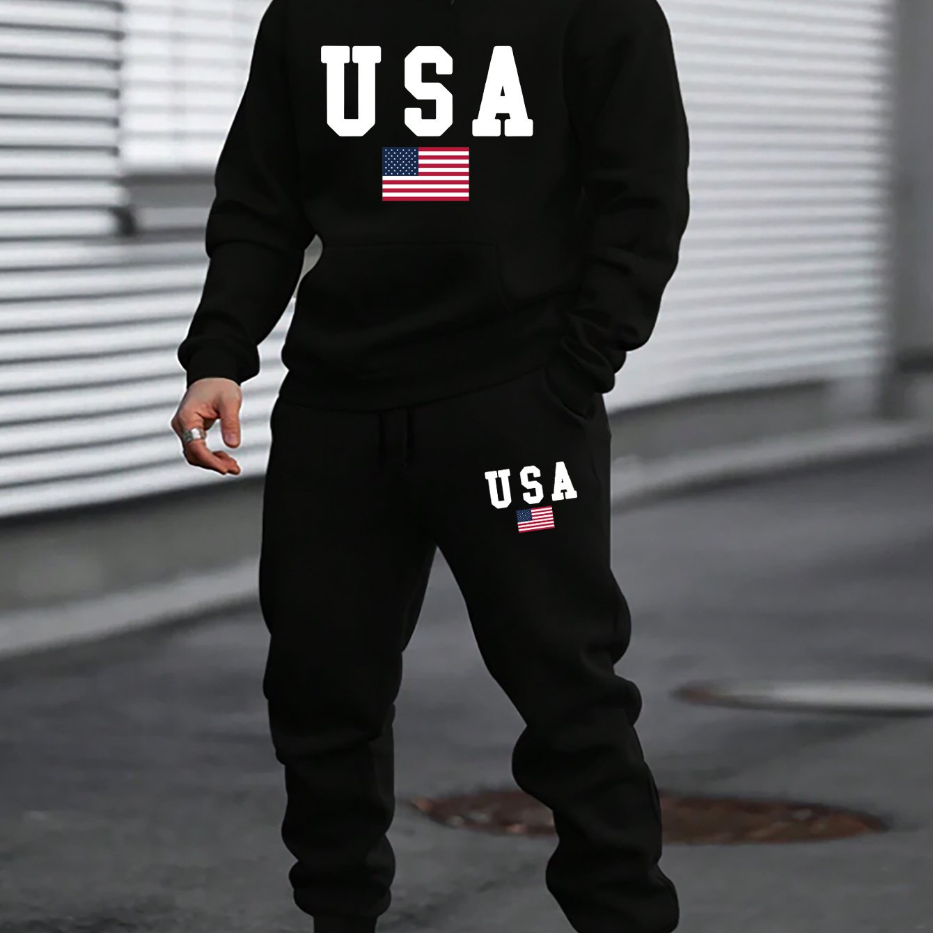 2pcs American Flag Print Men's Comfy Sports Set - Long Sleeve Hoodies with Kangaroo Pocket & Drawstring Sweatpants with Pockets - Casual, Trendy, Outdoor, and Soft Men's Clothing
