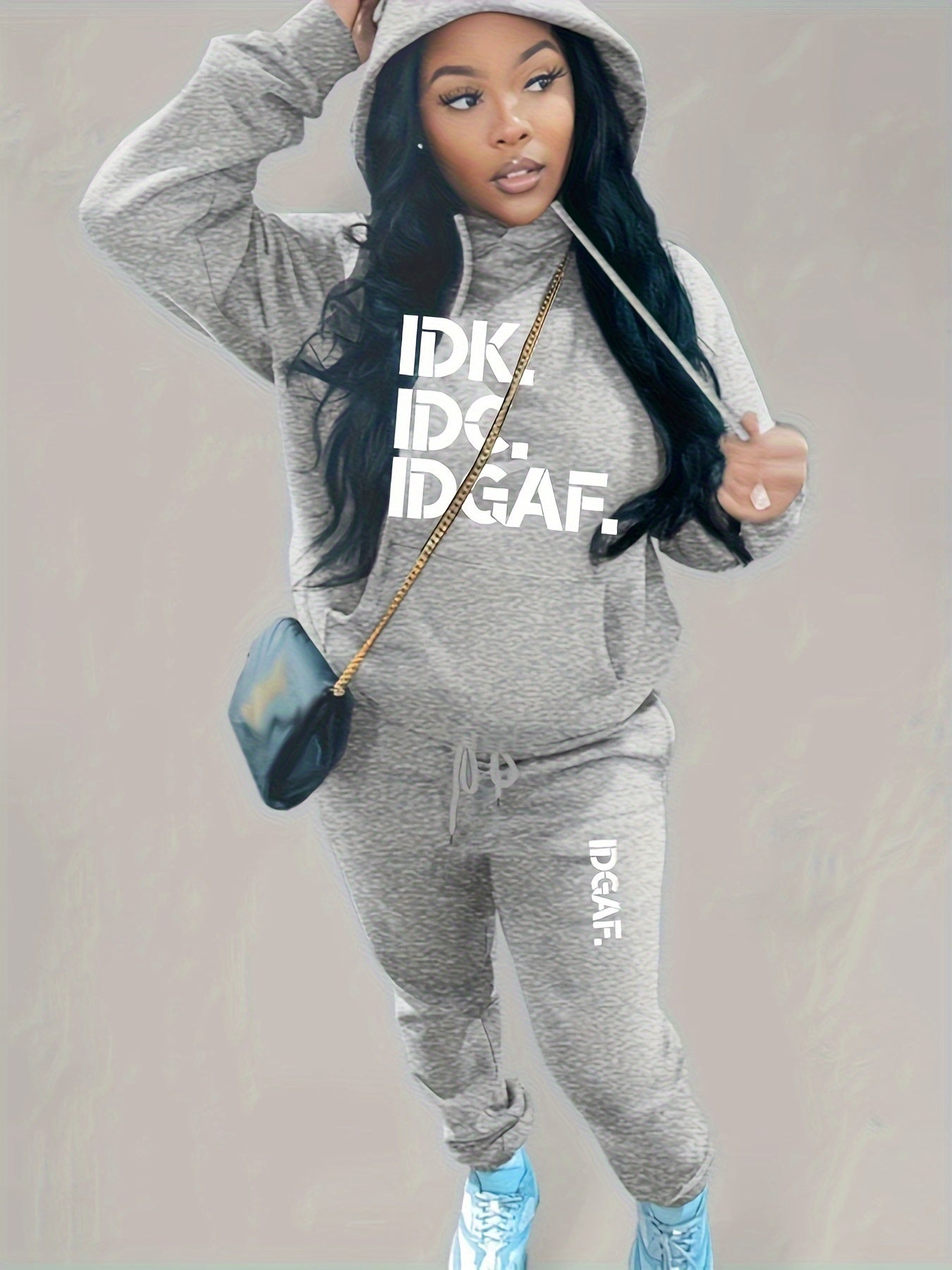 Letter Print Casual Two-piece Set, Drawstring Long Sleeve Hoodies & Workout Jogger Pants Outfits, Women's Clothing