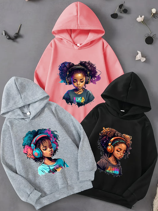 3pcs Cool Girl Portrait Print Hoodies for Girls - Cozy & Stylish Pullover Sweatshirts, Perfect for Fall/Winter, Middle And Large Sizes, Street Style, Conventional Version, Spring/Autumn