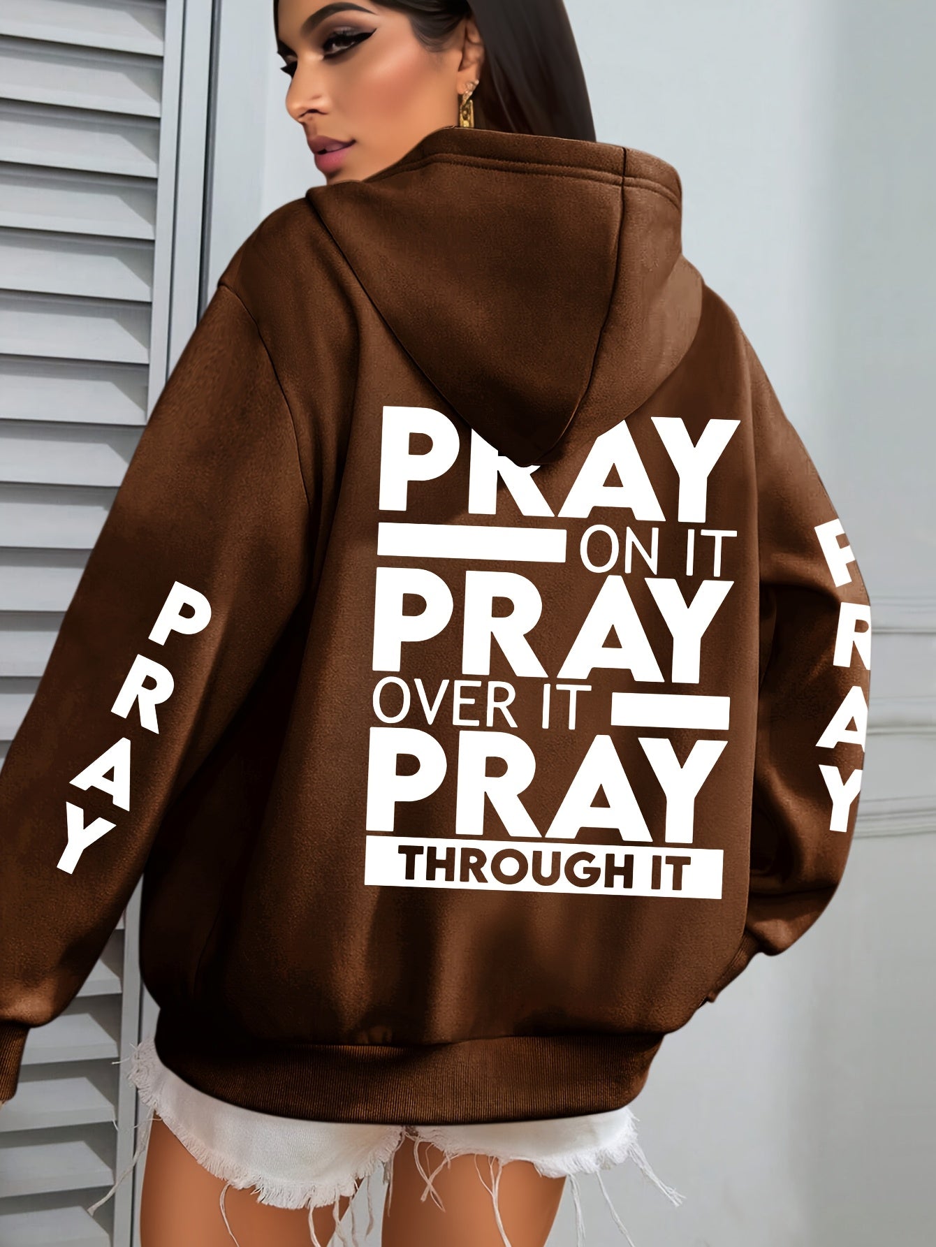 Plus Size PRAY Print Kangaroo Pocket Hoodie, Casual Long Sleeve Drawstring Hoodies Sweatshirt For Spring & Fall, Women's Plus Size Clothing