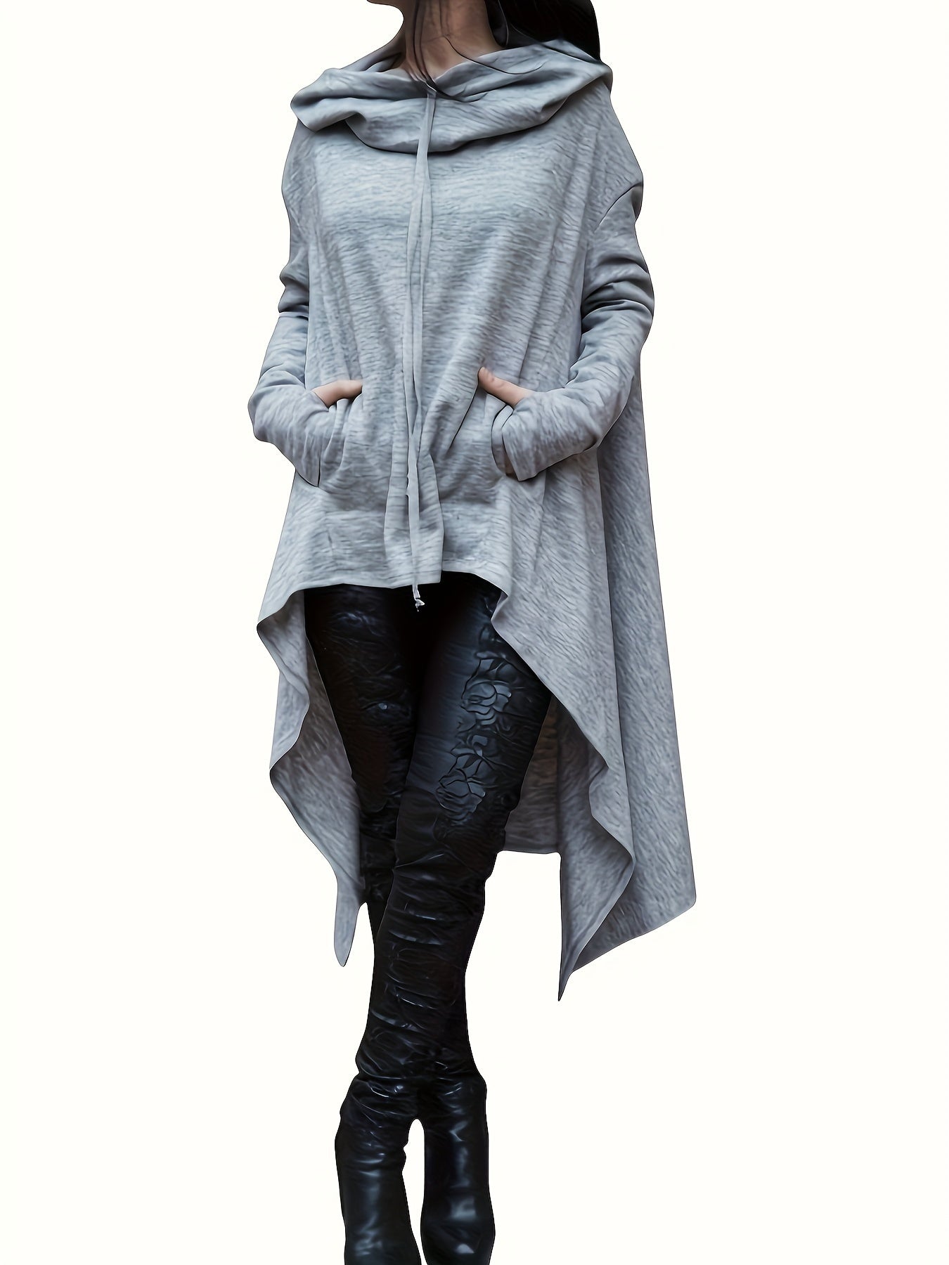 High Low Hem With Pocket Asymmetrical Hoodie, Y2K Long Sleeve Loose Hoodies Sweatshirt, Women's Clothing