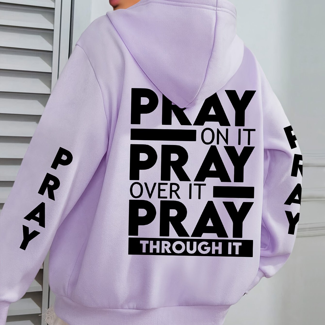 Plus Size PRAY Print Kangaroo Pocket Hoodie, Casual Long Sleeve Drawstring Hoodies Sweatshirt For Spring & Fall, Women's Plus Size Clothing