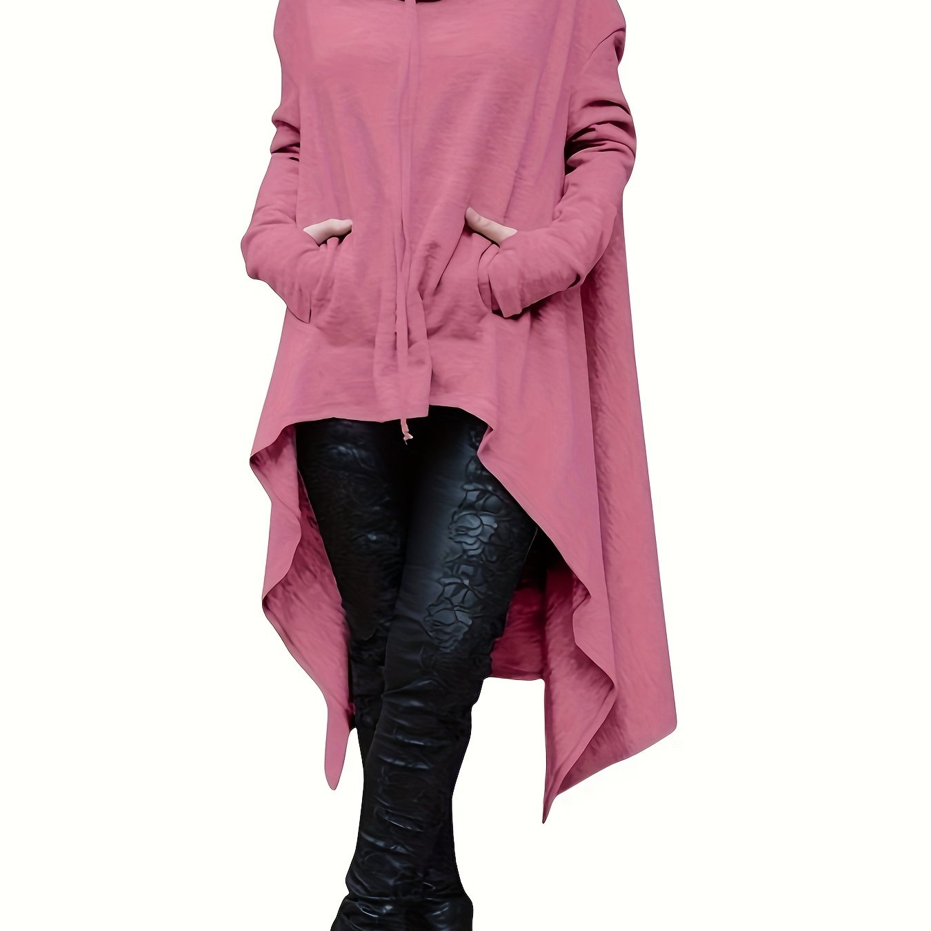 High Low Hem With Pocket Asymmetrical Hoodie, Y2K Long Sleeve Loose Hoodies Sweatshirt, Women's Clothing
