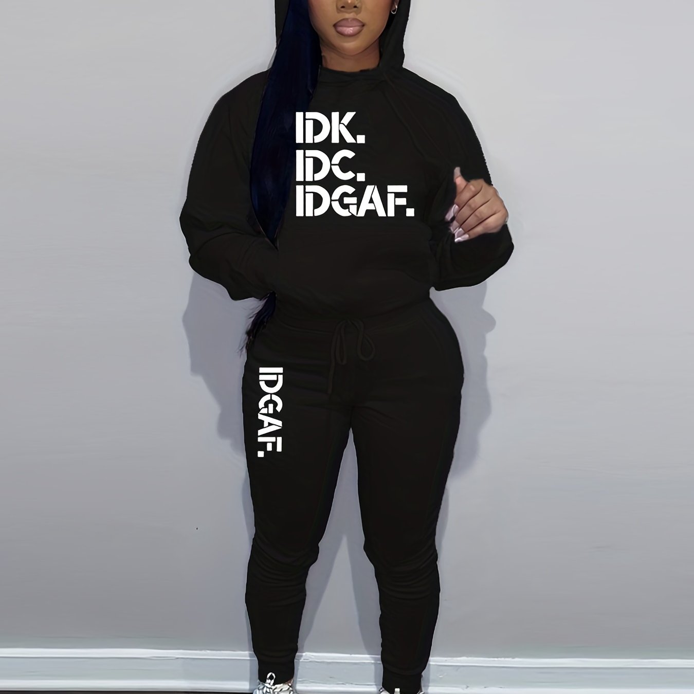 Letter Print Drawstring Two-Piece Set, Long Sleeve Kangaroo Pocket Hoodies & Jogger Pants Outfits, Women'S Clothing
