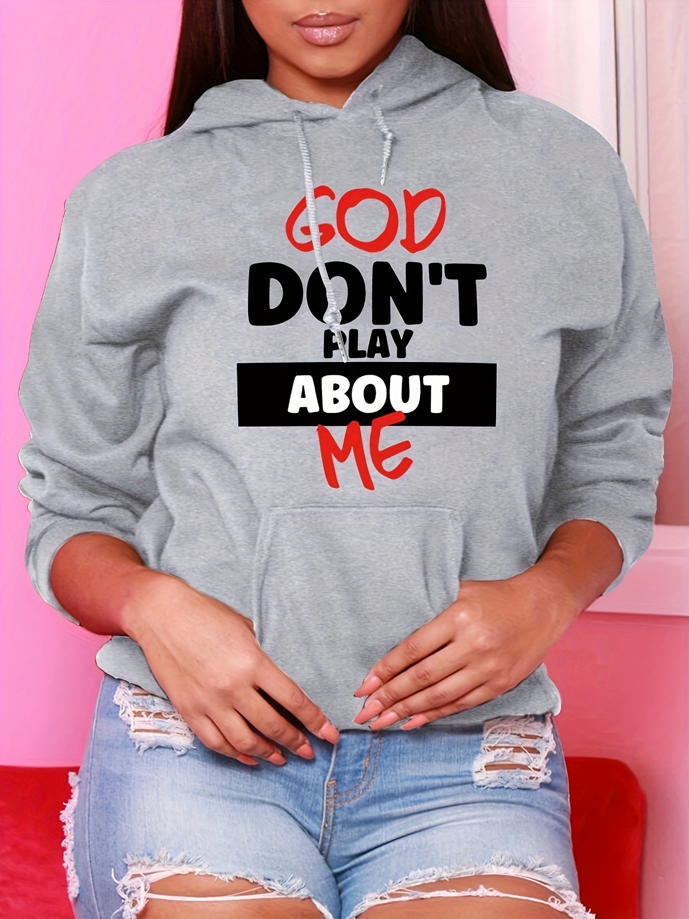 Women's Letter Print Kangaroo Pocket Hoodie, Casual Long Sleeve Drawstring Hoodies Sweatshirt Clothing