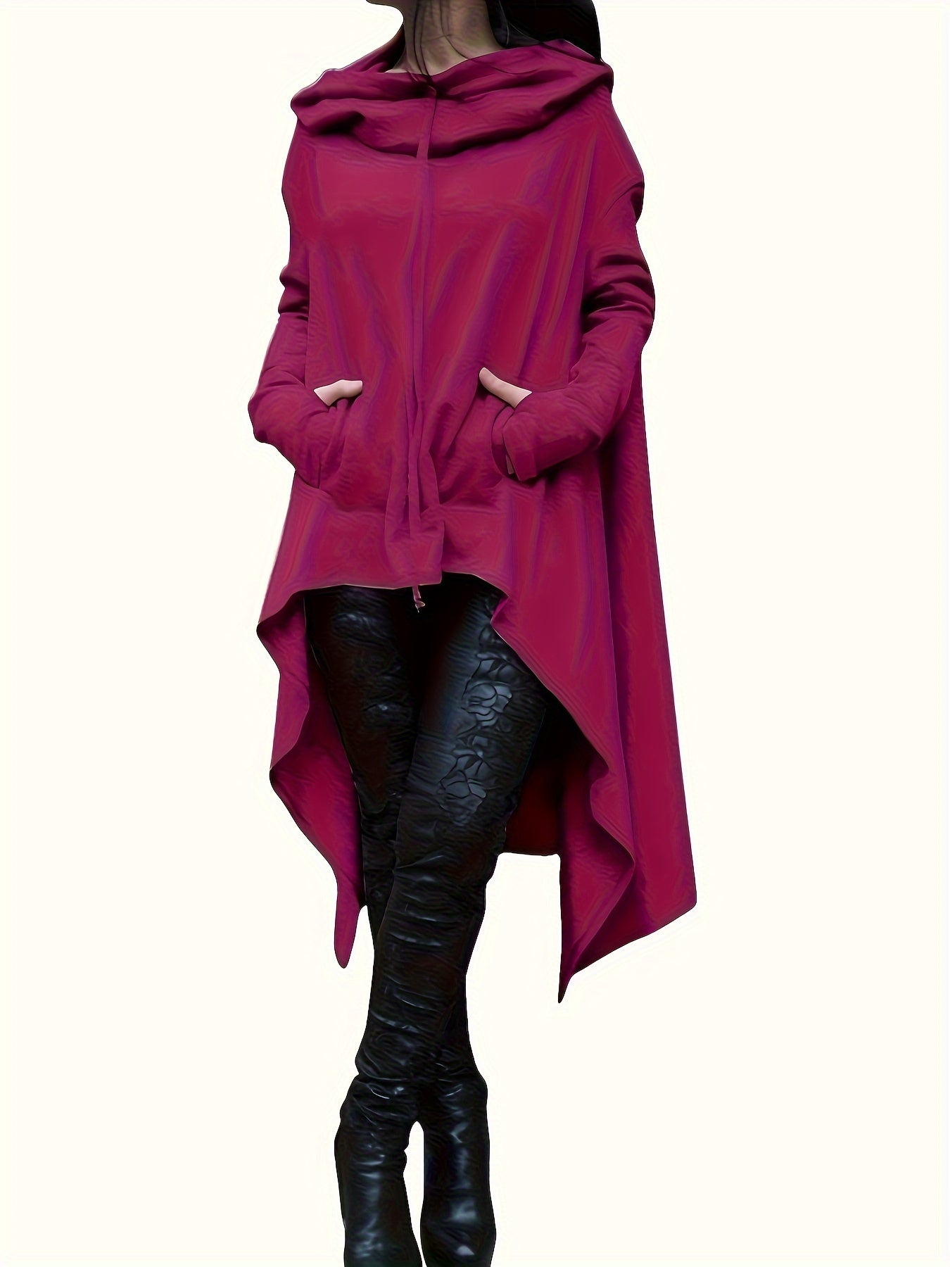 High Low Hem With Pocket Asymmetrical Hoodie, Y2K Long Sleeve Loose Hoodies Sweatshirt, Women's Clothing