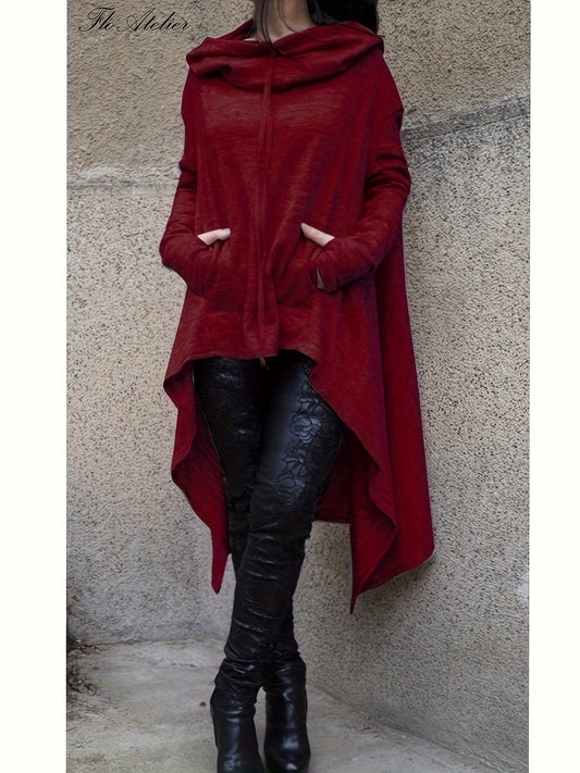 High Low Hem With Pocket Asymmetrical Hoodie, Y2K Long Sleeve Loose Hoodies Sweatshirt, Women's Clothing