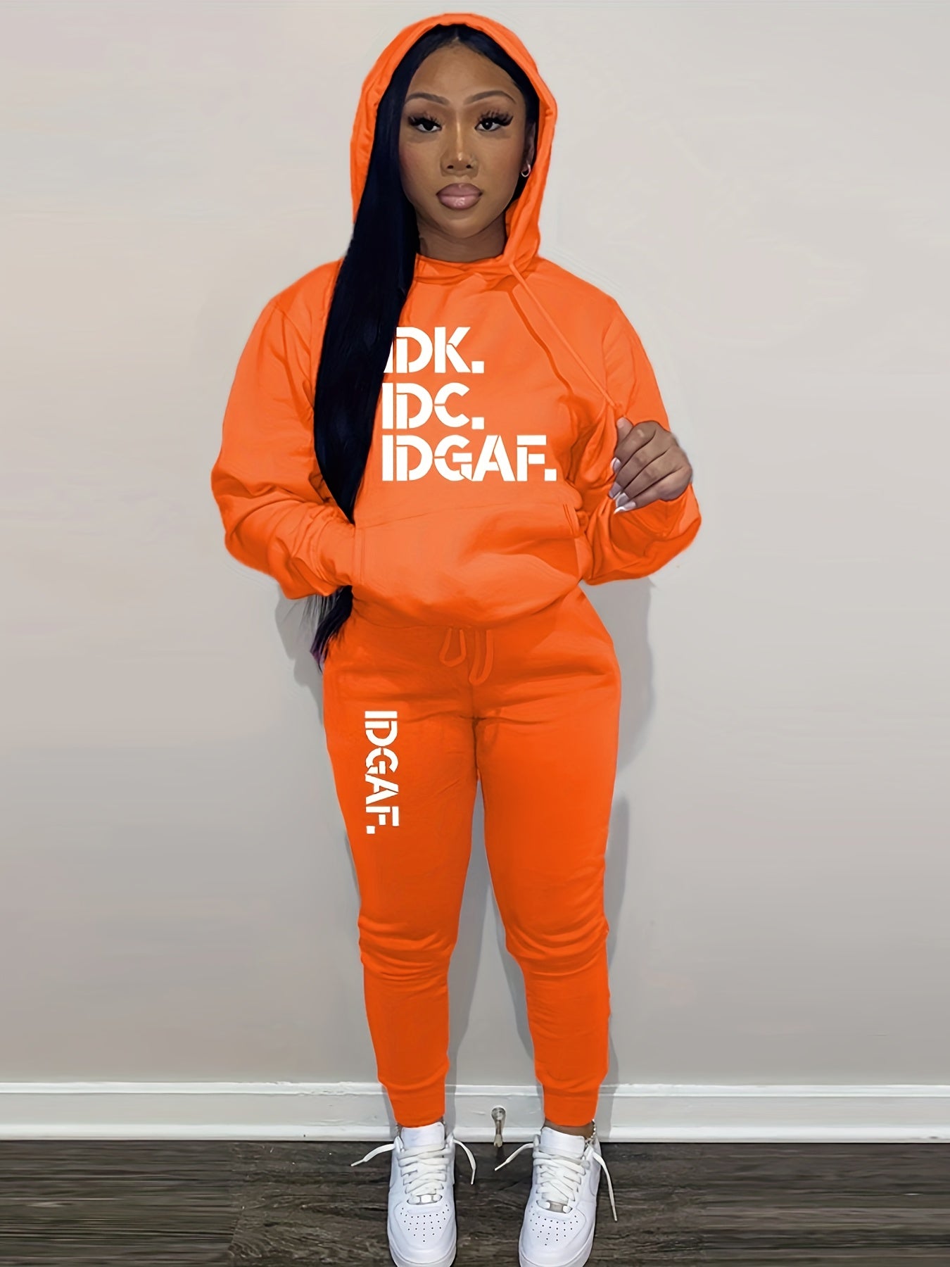 Letter Print Drawstring Two-Piece Set, Long Sleeve Kangaroo Pocket Hoodies & Jogger Pants Outfits, Women'S Clothing
