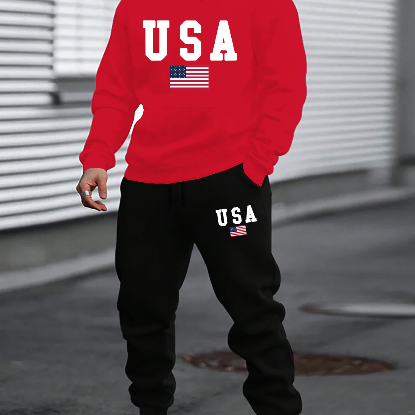 2pcs American Flag Print Men's Comfy Sports Set - Long Sleeve Hoodies with Kangaroo Pocket & Drawstring Sweatpants with Pockets - Casual, Trendy, Outdoor, and Soft Men's Clothing
