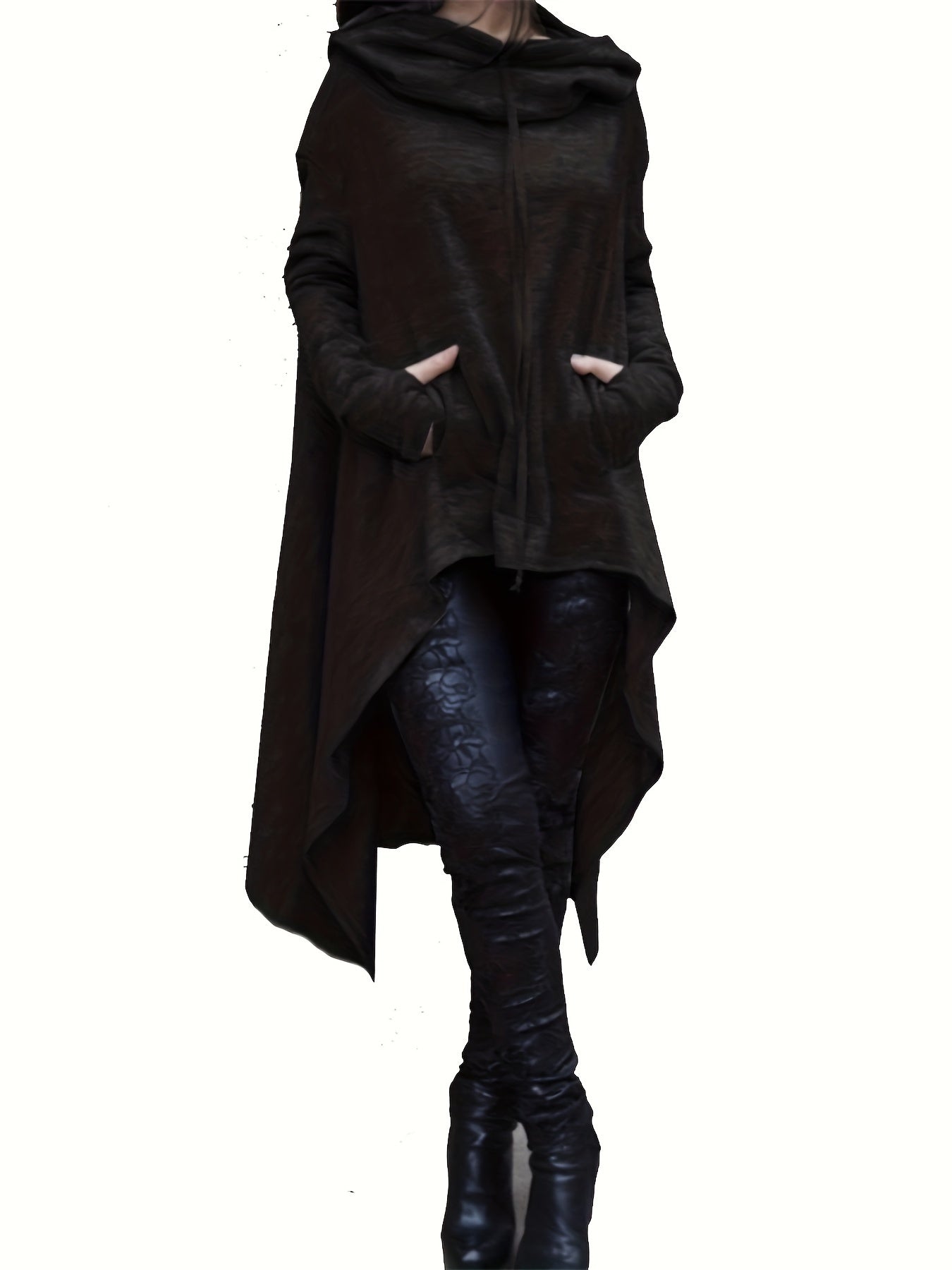 High Low Hem With Pocket Asymmetrical Hoodie, Y2K Long Sleeve Loose Hoodies Sweatshirt, Women's Clothing