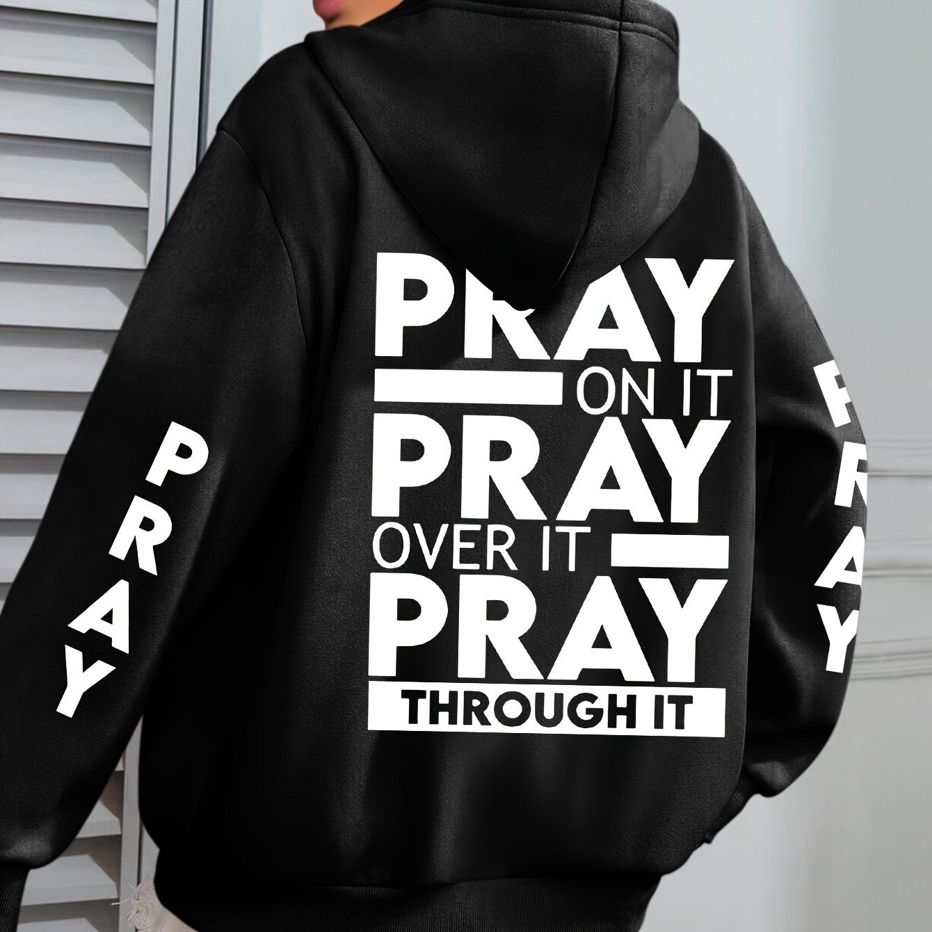 Plus Size PRAY Print Kangaroo Pocket Hoodie, Casual Long Sleeve Drawstring Hoodies Sweatshirt For Spring & Fall, Women's Plus Size Clothing