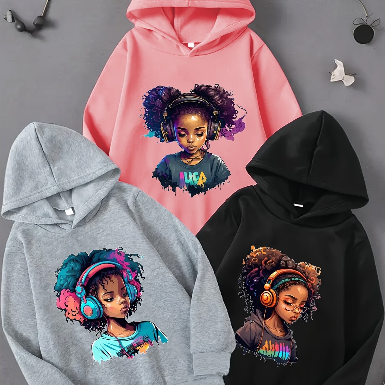 3pcs Cool Girl Portrait Print Hoodies for Girls - Cozy & Stylish Pullover Sweatshirts, Perfect for Fall/Winter, Middle And Large Sizes, Street Style, Conventional Version, Spring/Autumn