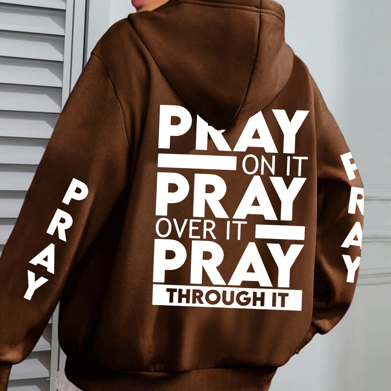 Plus Size PRAY Print Kangaroo Pocket Hoodie, Casual Long Sleeve Drawstring Hoodies Sweatshirt For Spring & Fall, Women's Plus Size Clothing