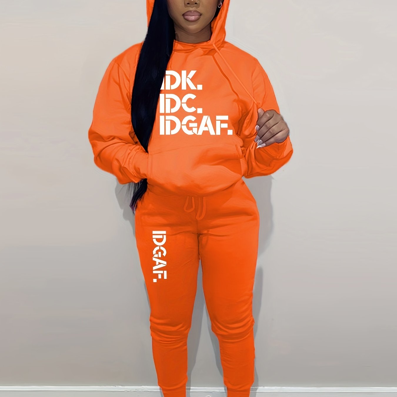 Letter Print Drawstring Two-Piece Set, Long Sleeve Kangaroo Pocket Hoodies & Jogger Pants Outfits, Women'S Clothing