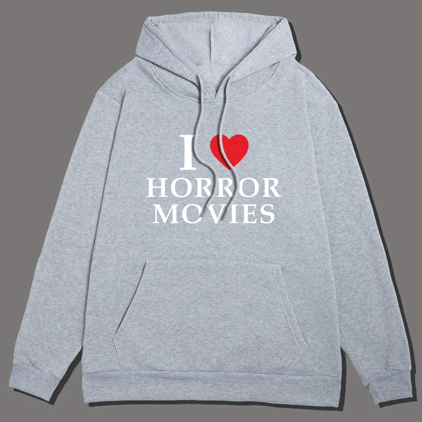 I LOVE HORROR MOVIES Print Hoodie, Cool Hoodies For Men, Men's Casual Pullover Hooded Sweatshirt With Kangaroo Pocket Streetwear For Winter Fall, As Gifts