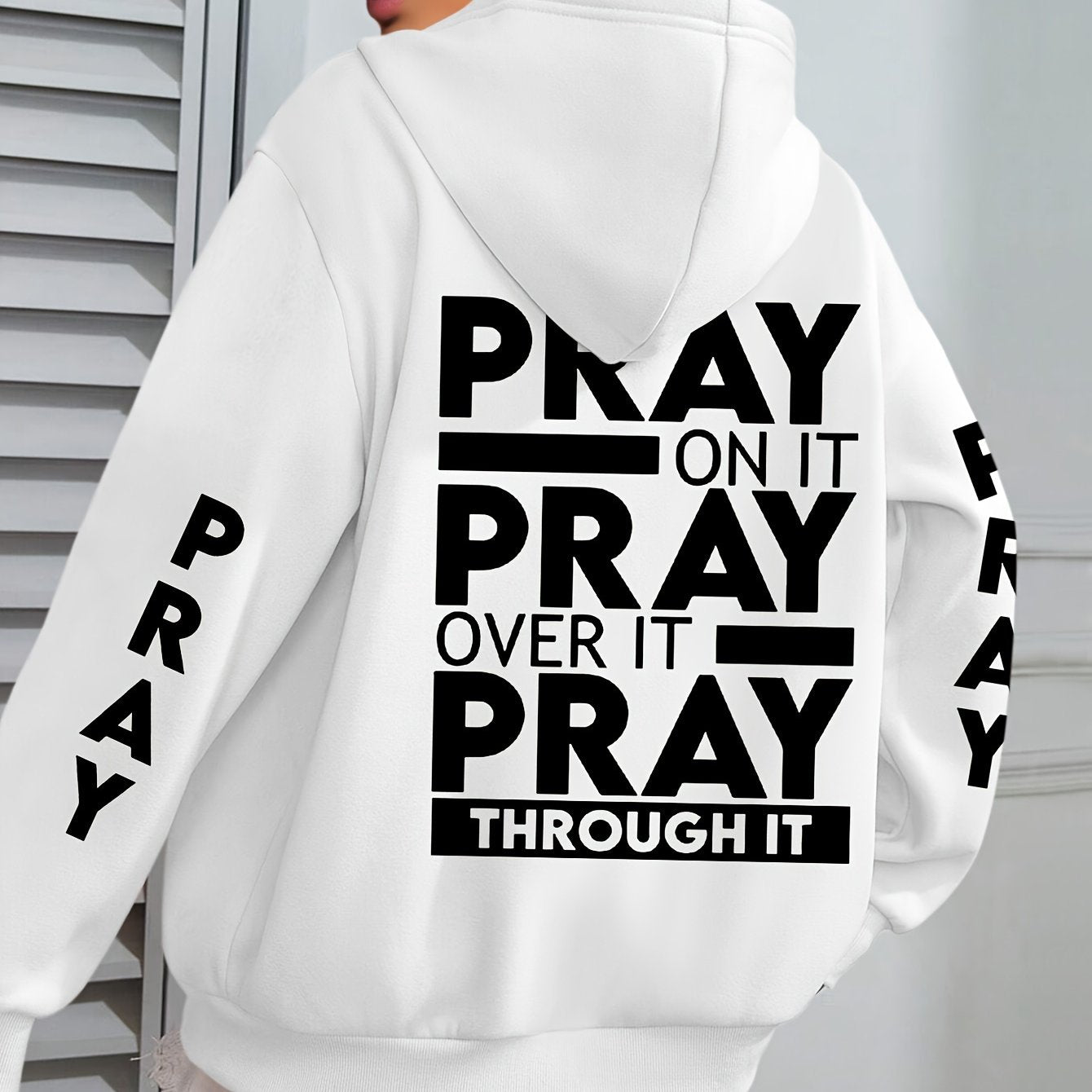 Plus Size PRAY Print Kangaroo Pocket Hoodie, Casual Long Sleeve Drawstring Hoodies Sweatshirt For Spring & Fall, Women's Plus Size Clothing