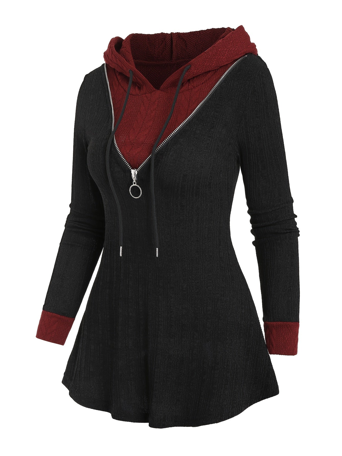 Color Block Zipper Hoodie, Casual Long Sleeve Drawstring Hoodies Sweatshirt, Women's Clothing