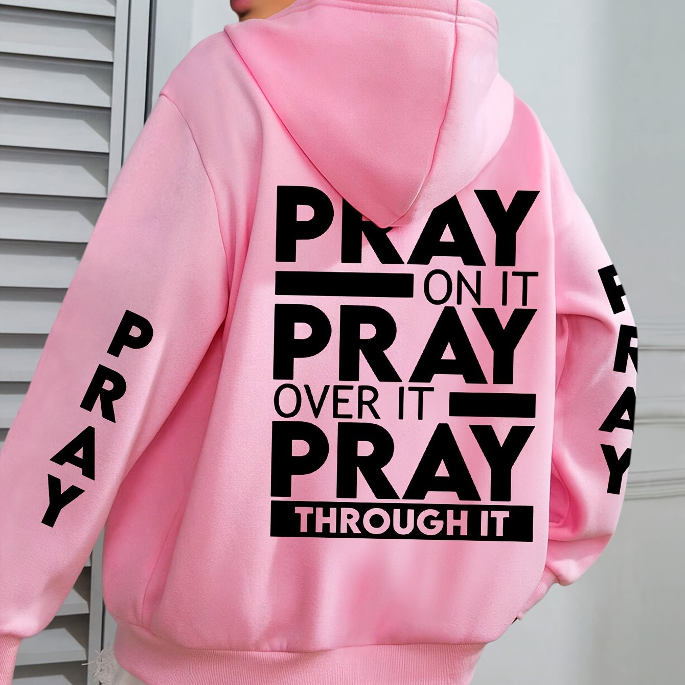 Plus Size PRAY Print Kangaroo Pocket Hoodie, Casual Long Sleeve Drawstring Hoodies Sweatshirt For Spring & Fall, Women's Plus Size Clothing
