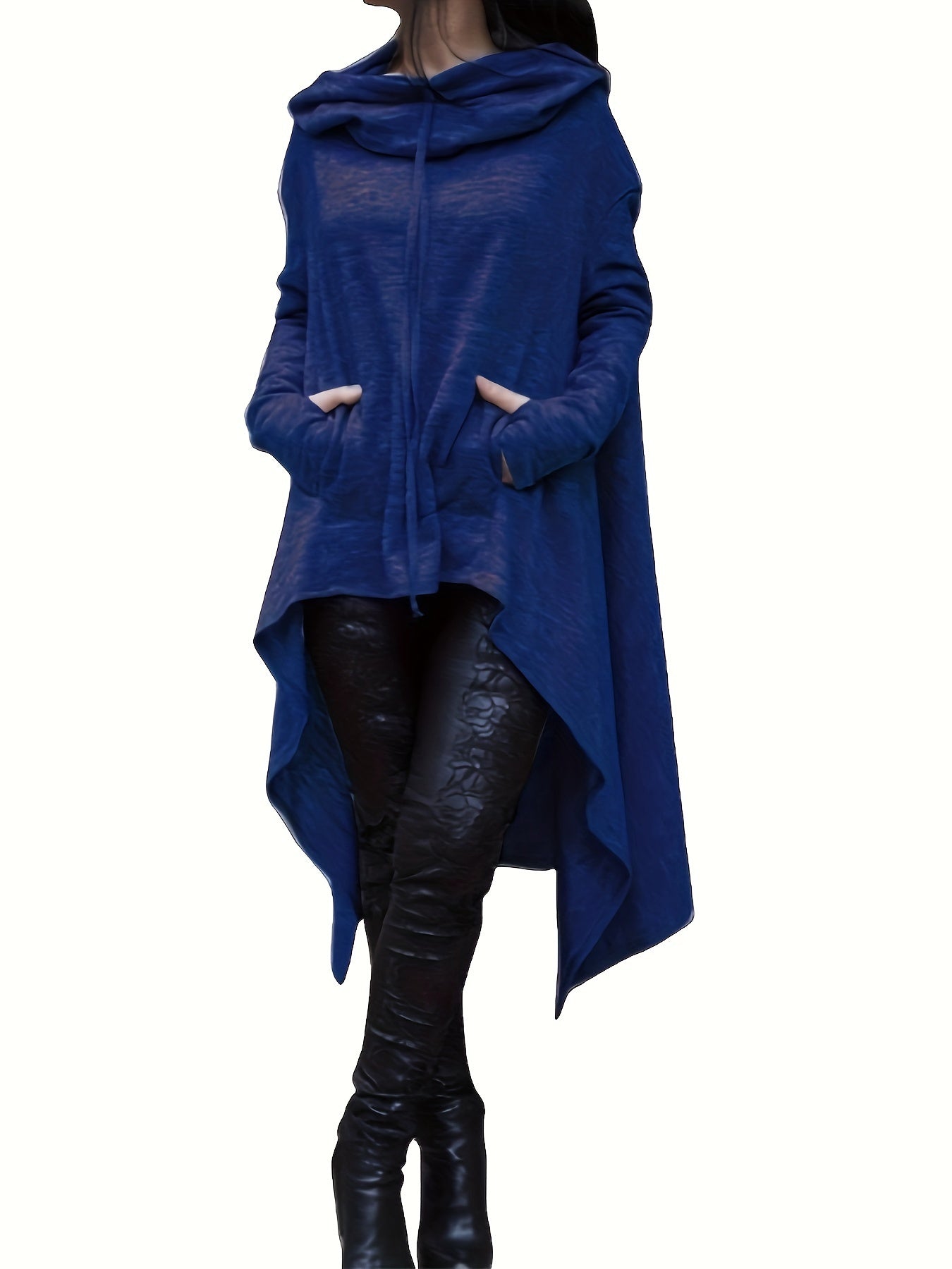 High Low Hem With Pocket Asymmetrical Hoodie, Y2K Long Sleeve Loose Hoodies Sweatshirt, Women's Clothing