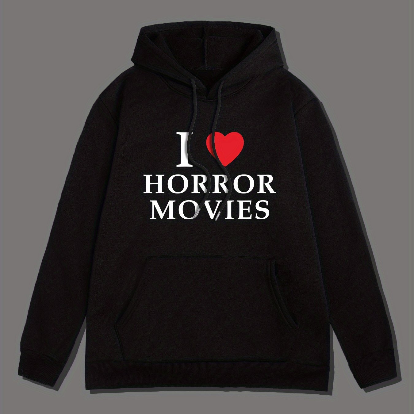 I LOVE HORROR MOVIES Print Hoodie, Cool Hoodies For Men, Men's Casual Pullover Hooded Sweatshirt With Kangaroo Pocket Streetwear For Winter Fall, As Gifts