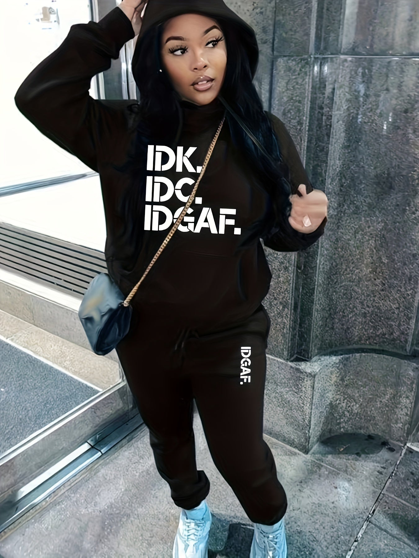 Letter Print Casual Two-piece Set, Drawstring Long Sleeve Hoodies & Workout Jogger Pants Outfits, Women's Clothing