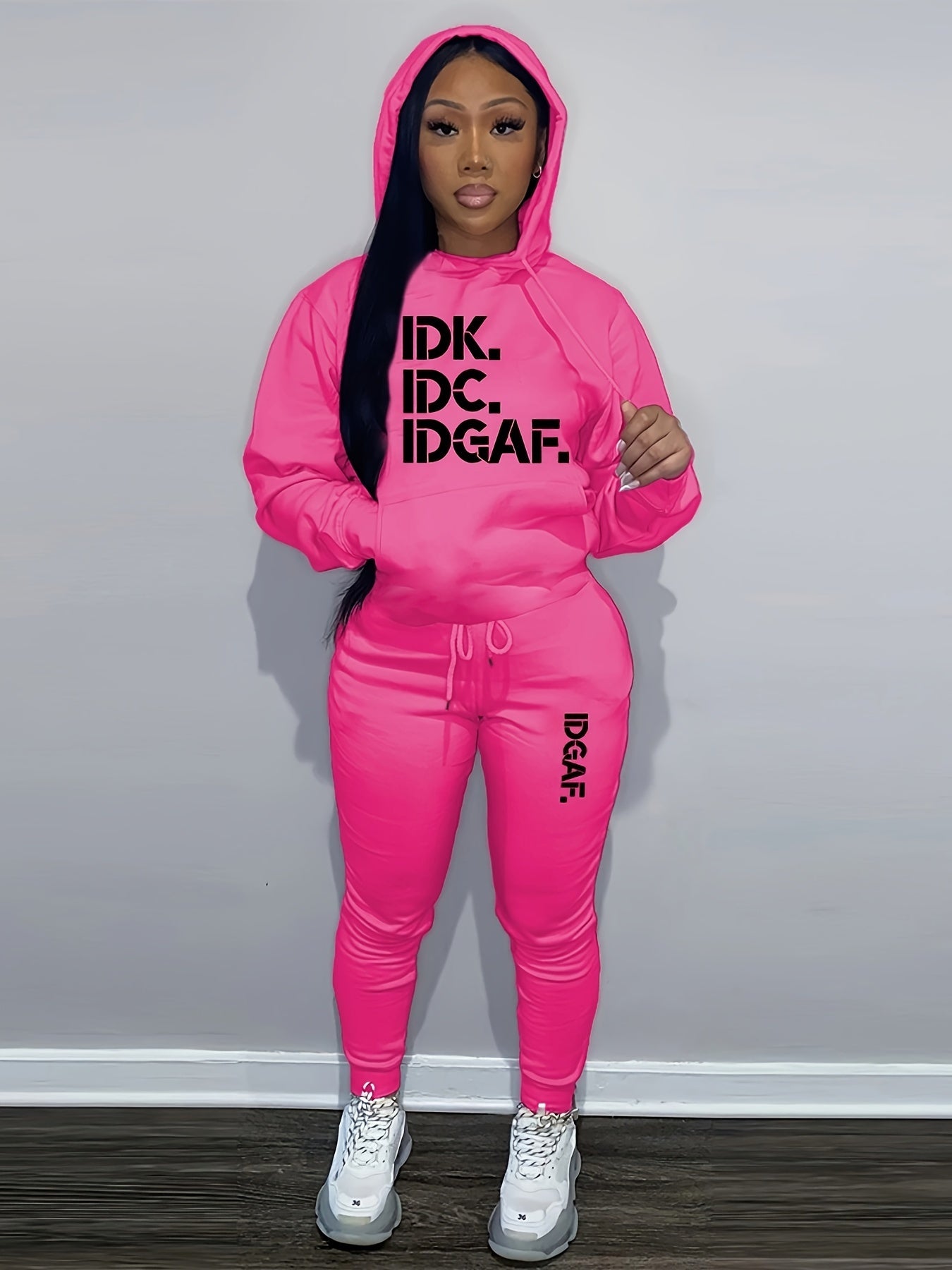 Letter Print Casual Two-piece Set, Drawstring Long Sleeve Hoodies & Workout Jogger Pants Outfits, Women's Clothing