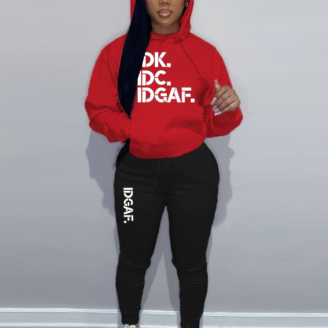 Letter Print Drawstring Two-Piece Set, Long Sleeve Kangaroo Pocket Hoodies & Jogger Pants Outfits, Women'S Clothing