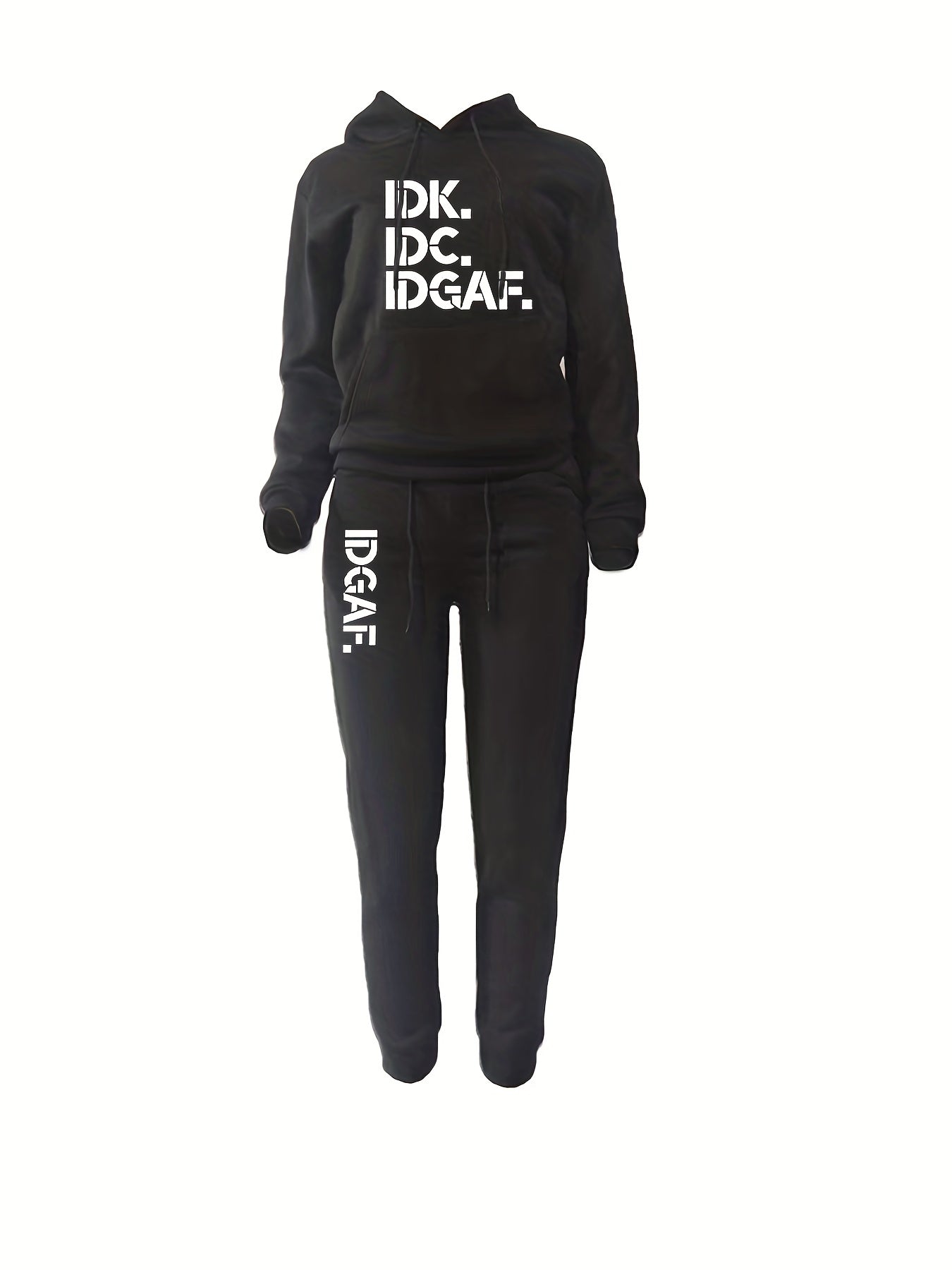 Letter Print Drawstring Two-Piece Set, Long Sleeve Kangaroo Pocket Hoodies & Jogger Pants Outfits, Women'S Clothing