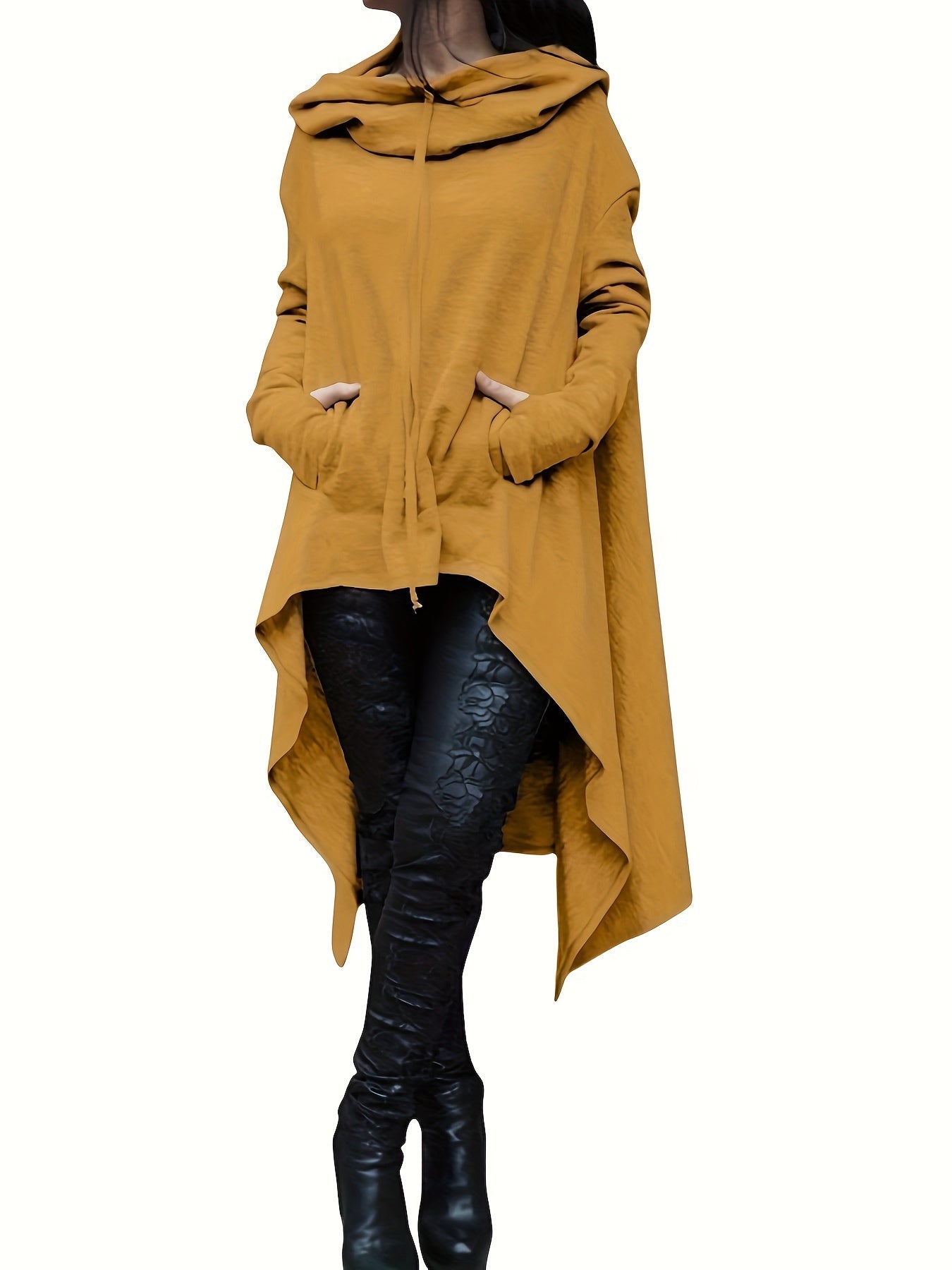 High Low Hem With Pocket Asymmetrical Hoodie, Y2K Long Sleeve Loose Hoodies Sweatshirt, Women's Clothing