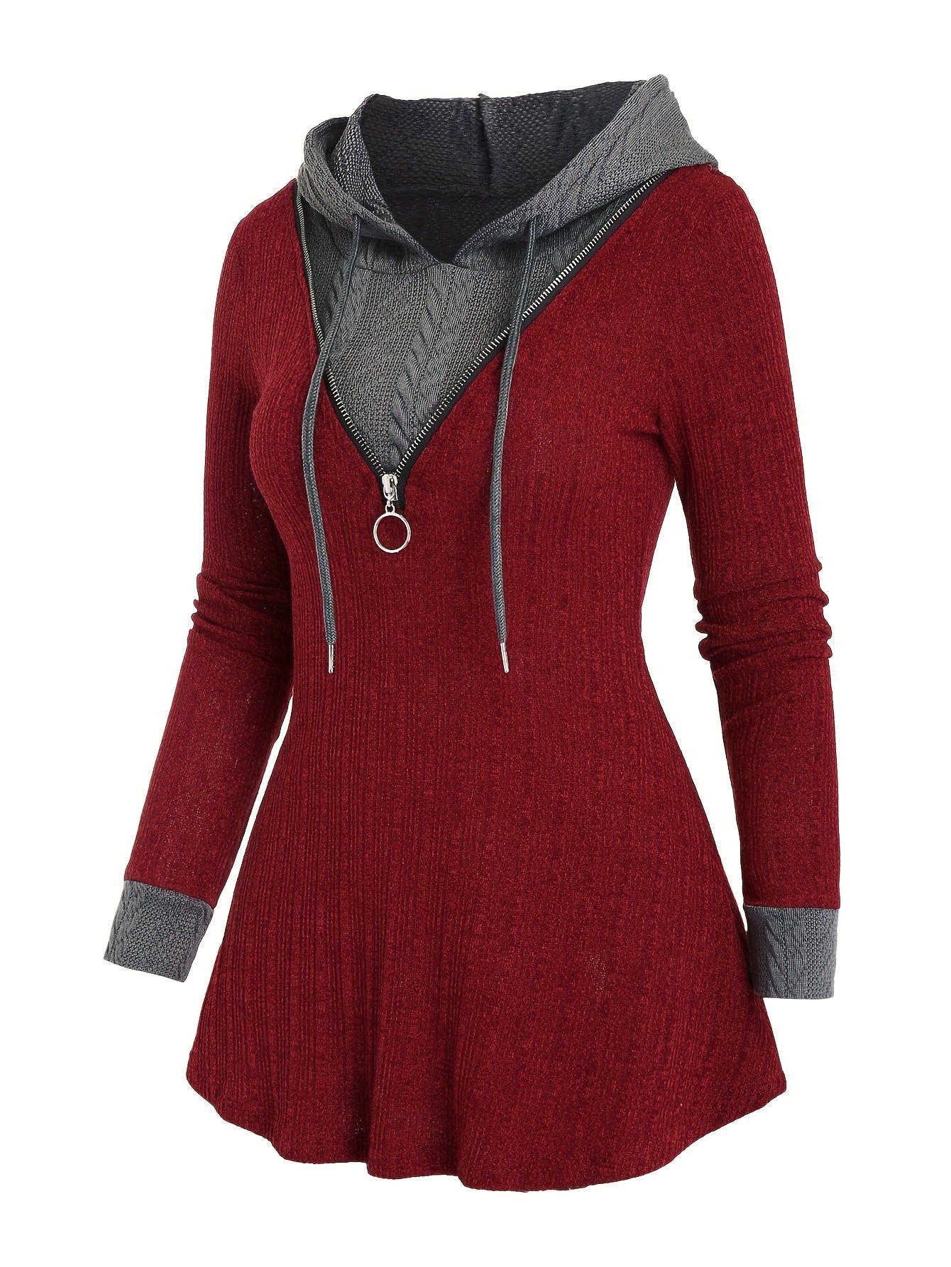 Color Block Zipper Hoodie, Casual Long Sleeve Drawstring Hoodies Sweatshirt, Women's Clothing