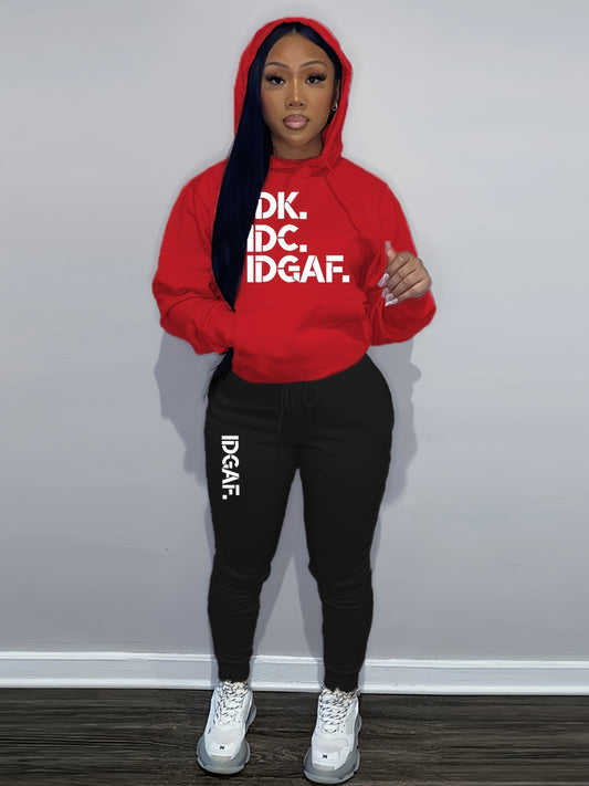 Letter Print Drawstring Two-Piece Set, Long Sleeve Kangaroo Pocket Hoodies & Jogger Pants Outfits, Women'S Clothing
