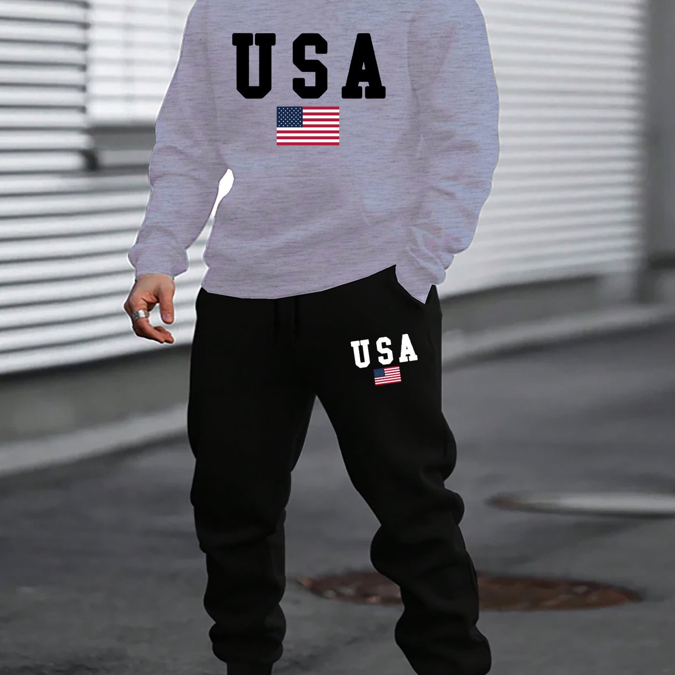 2pcs American Flag Print Men's Comfy Sports Set - Long Sleeve Hoodies with Kangaroo Pocket & Drawstring Sweatpants with Pockets - Casual, Trendy, Outdoor, and Soft Men's Clothing