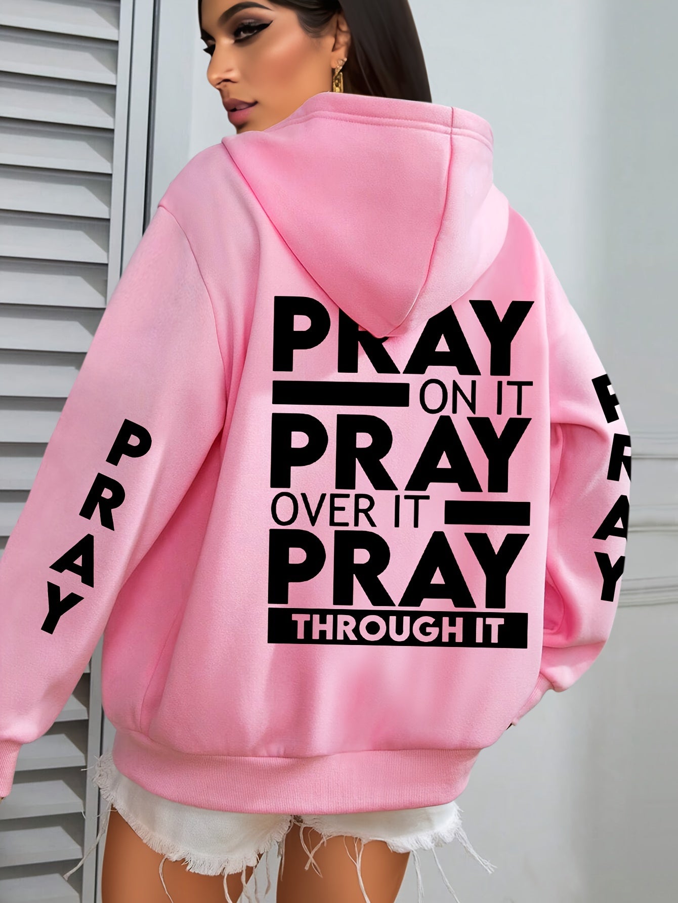 Plus Size PRAY Print Kangaroo Pocket Hoodie, Casual Long Sleeve Drawstring Hoodies Sweatshirt For Spring & Fall, Women's Plus Size Clothing