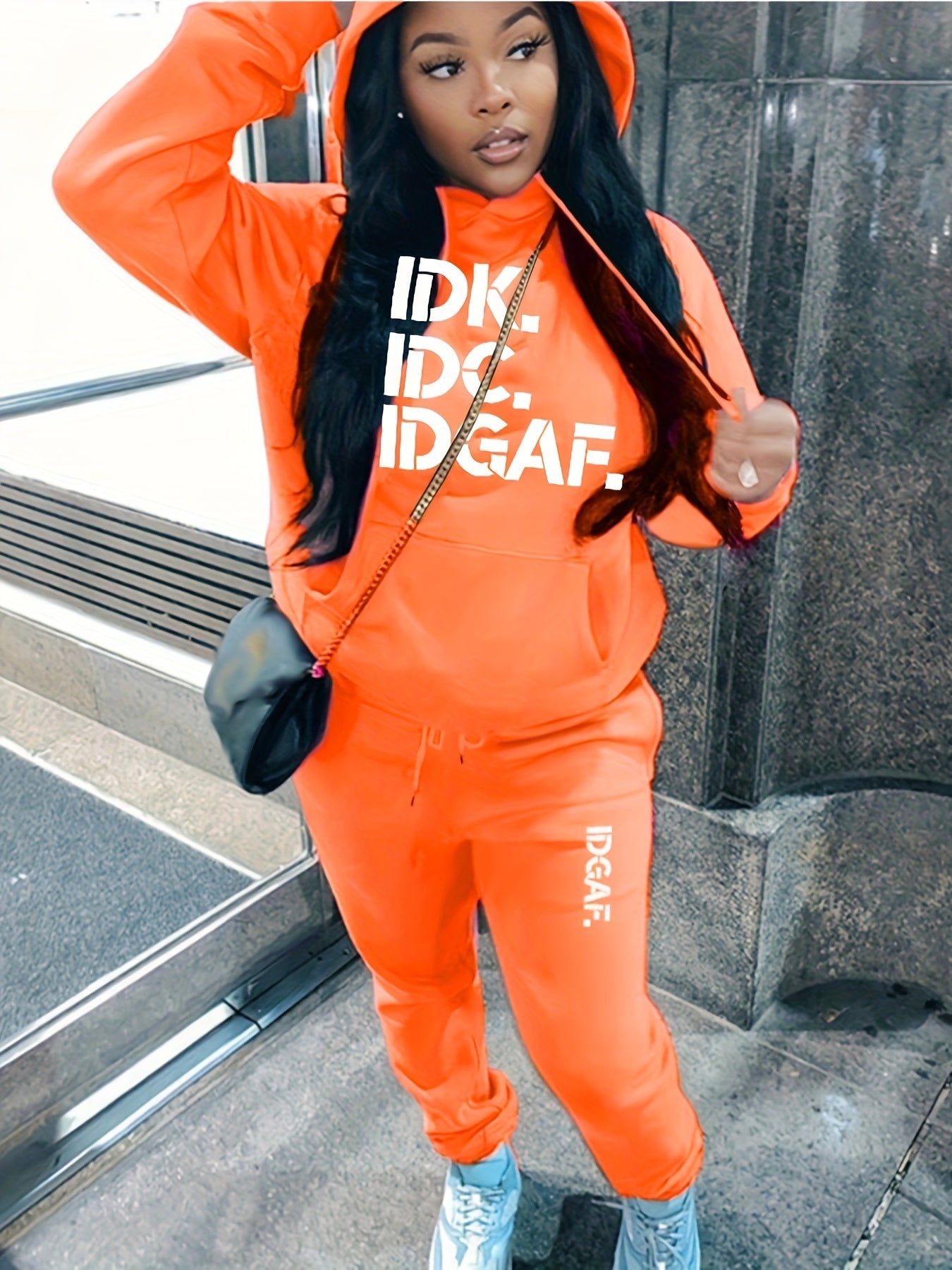 Letter Print Casual Two-piece Set, Drawstring Long Sleeve Hoodies & Workout Jogger Pants Outfits, Women's Clothing