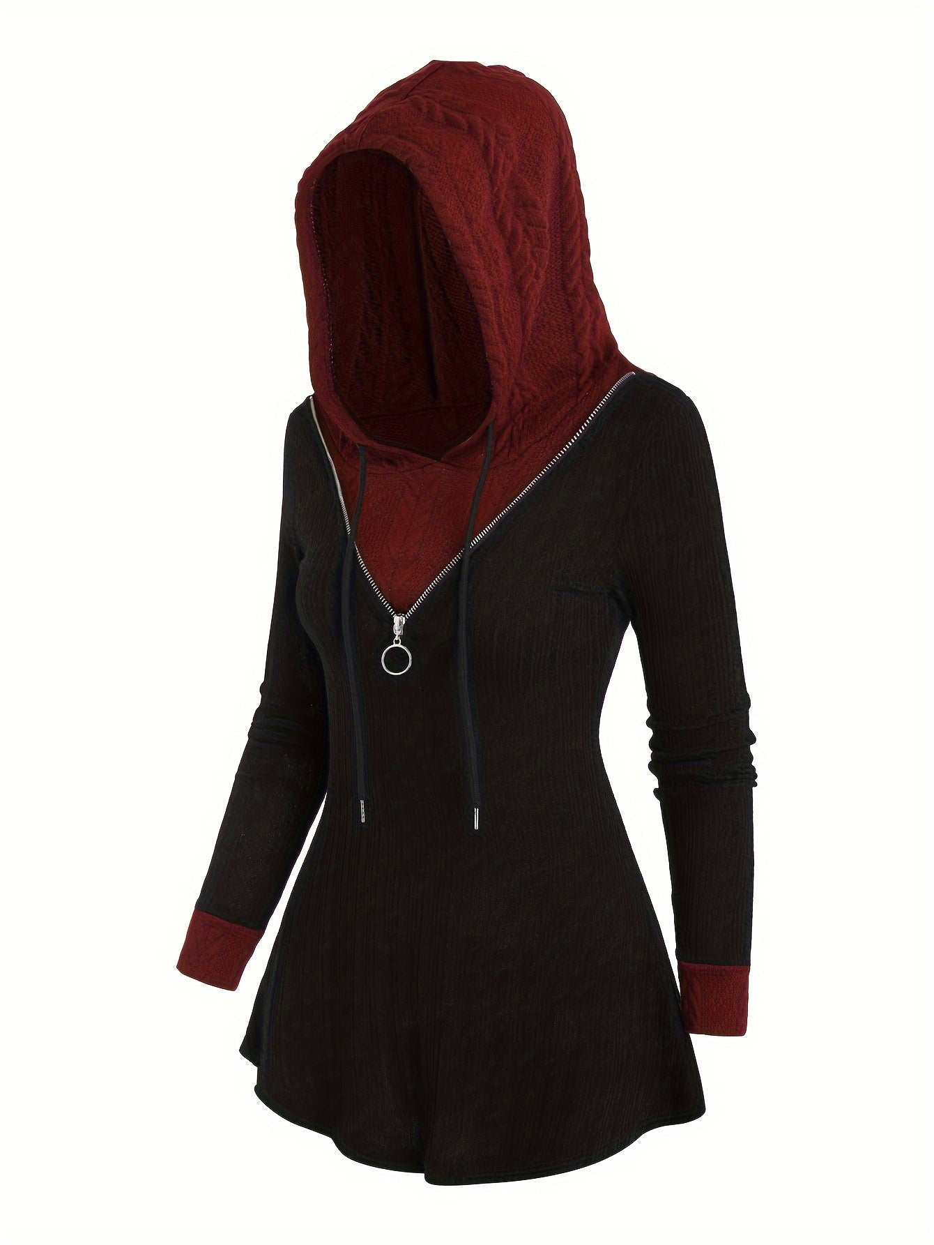 Color Block Zipper Hoodie, Casual Long Sleeve Drawstring Hoodies Sweatshirt, Women's Clothing